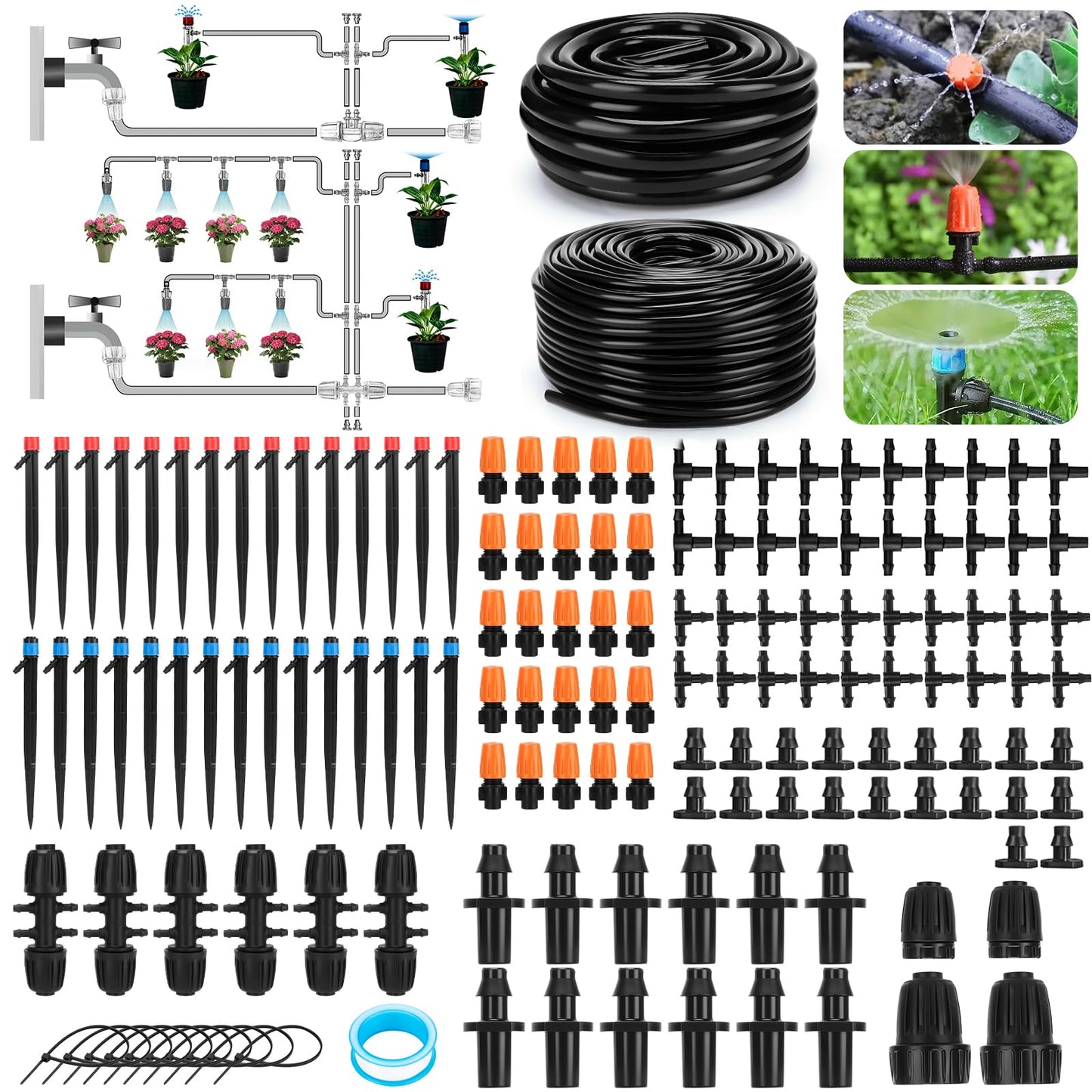 240FT Drip Irrigation System, Automatic Drip Irrigation Kits Quick-Connect for Greenhouse, Yard, Lawn, Plant, Garden Watering Misting System with 1/2 inch Hose 1/4 inch Distribution Tubing