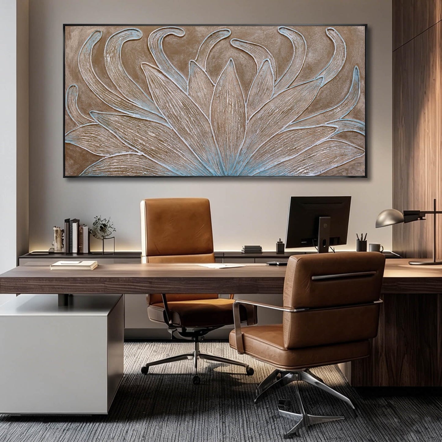 Brown Oil Painting Wall Art Botanical Neutral Floral Flowers Framed Wall Decor Abstract Canvas Pictures Large Artwork for Bedroom Office 29x58 In
