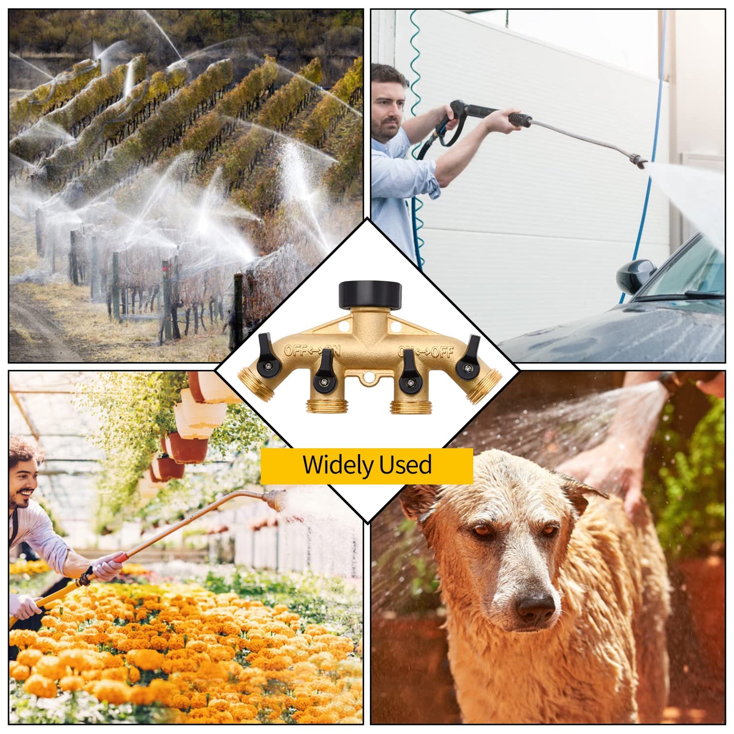 4 Way Hose Splitter with 4Pcs Garden Hose Extension Adapter, Brass Garden Hose Splitter Set, Hose Spigot Adapter with 4 Valves and 12 Rubber Washers & 4 Tapes