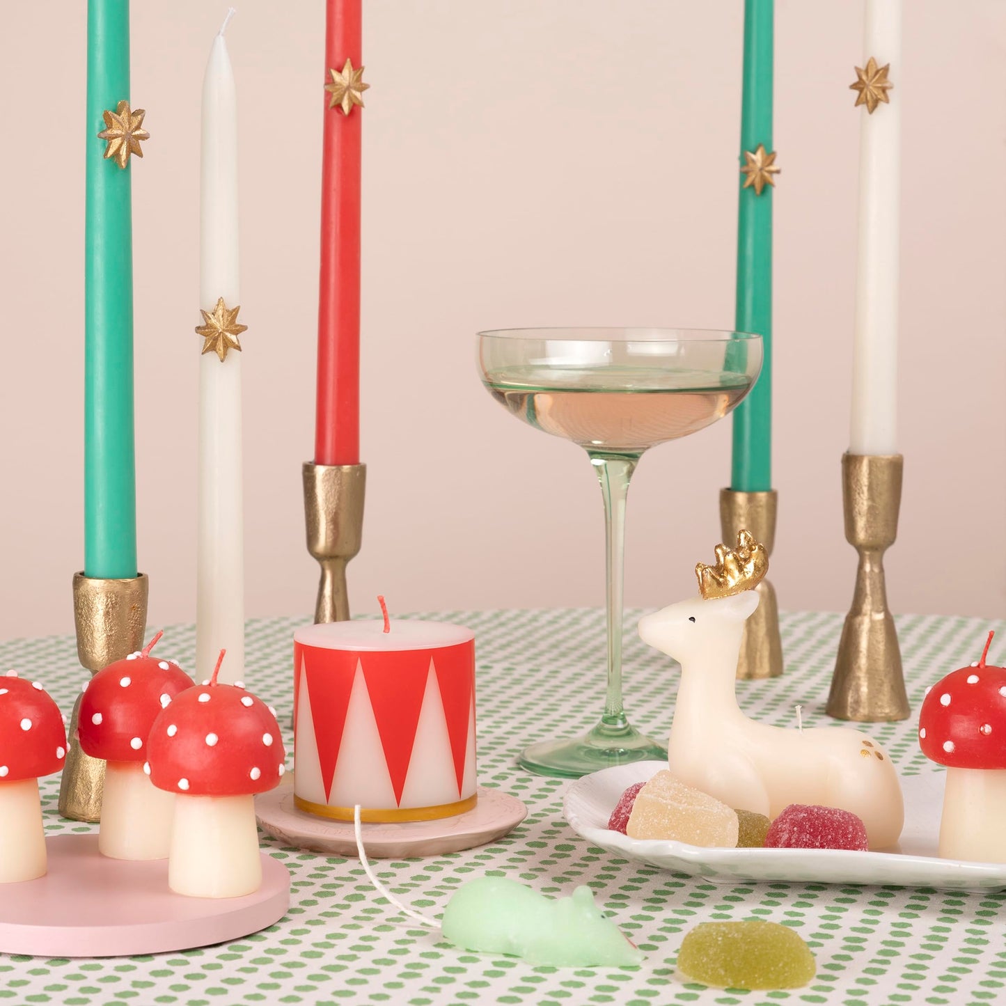 Meri Meri Small Ivory Reindeer Christmas Candles (Pack of 3), Unscented Decorative Candles, 4" Tall, Handpainted Details, Long Lasting Burn Time Approx 3 Hours