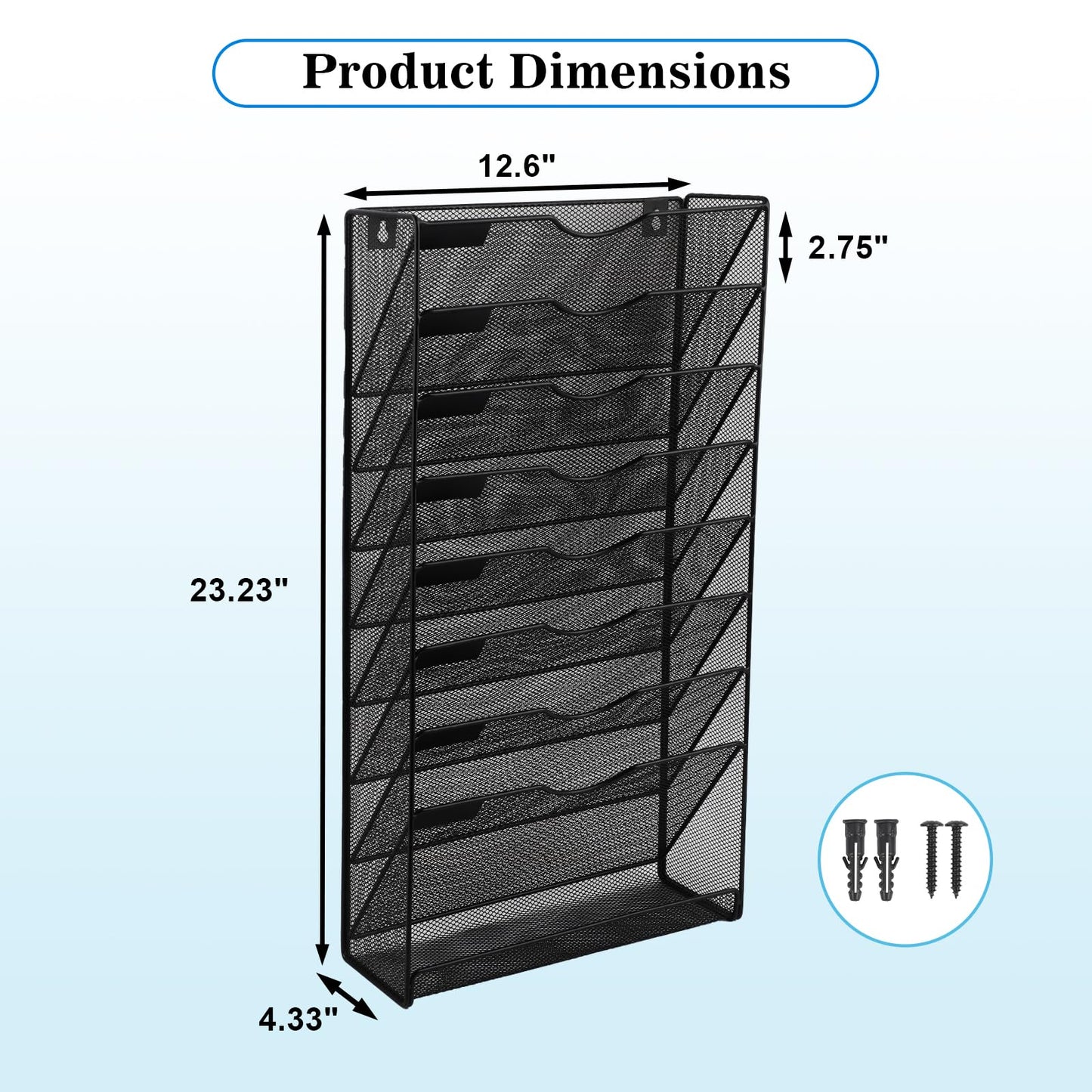 EASEPRES Desk File Organizer Mesh 9-Tier, Hanging Wall Mount Document Organization Stand, Desktop Vertical Mail Paper Folder Holder Rack with Bottom Tray for Office Home Cubicle Countertop, Black