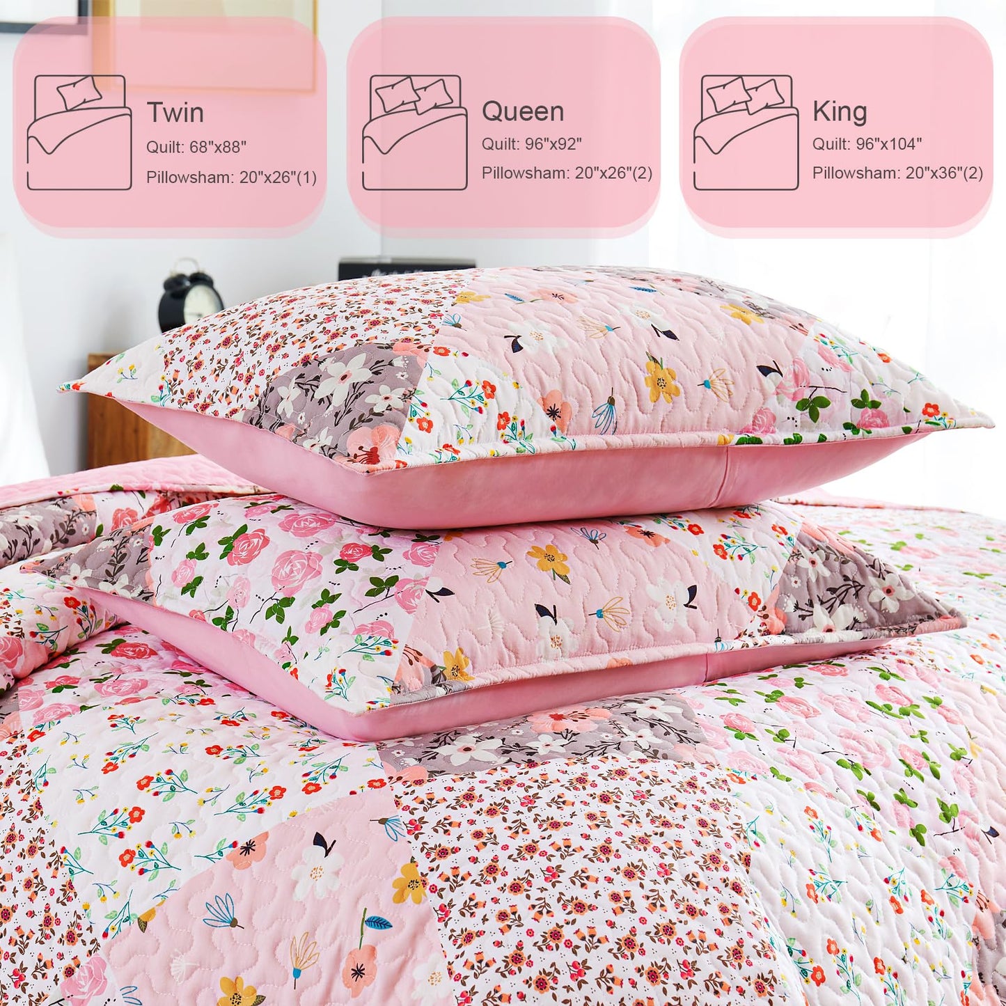 Whale Flotilla Patchwork Quilts Queen Size, Extra Soft Boho Floral Bedspreads for Bed Reversible Lightweight Full Queen Quilt Bedding Set Printed Coverlets with 2 Pillow Shams for All Seasons, Pink