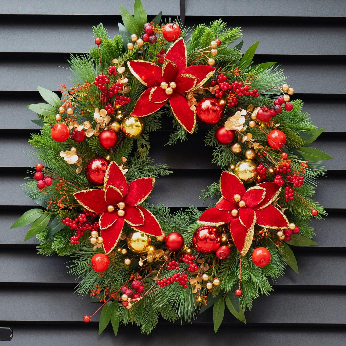Christmas Wreaths for Front Door- 24 Inch Outdoor Prelit Christmas Door Wreath with Lights, Lighted Xmas Wreath with Poinsettia Flowers,Red Berries,Golden Ball- Home Christmas Decorations