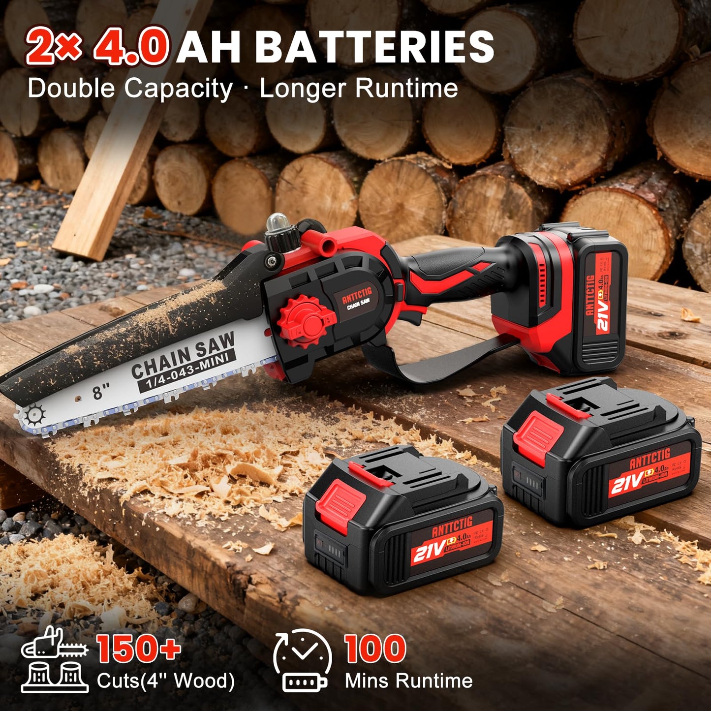 Upgraded 2-in-1 Cordless Pole Saw & 8 Inch Mini Chainsaw, Battery Powered Tree Trimmer with 6.6ft(2m) Extension Pole, 21V 4.0Ah x2 Batteries, Electric Chainsaw for Branch, Limb & Wood Cutting