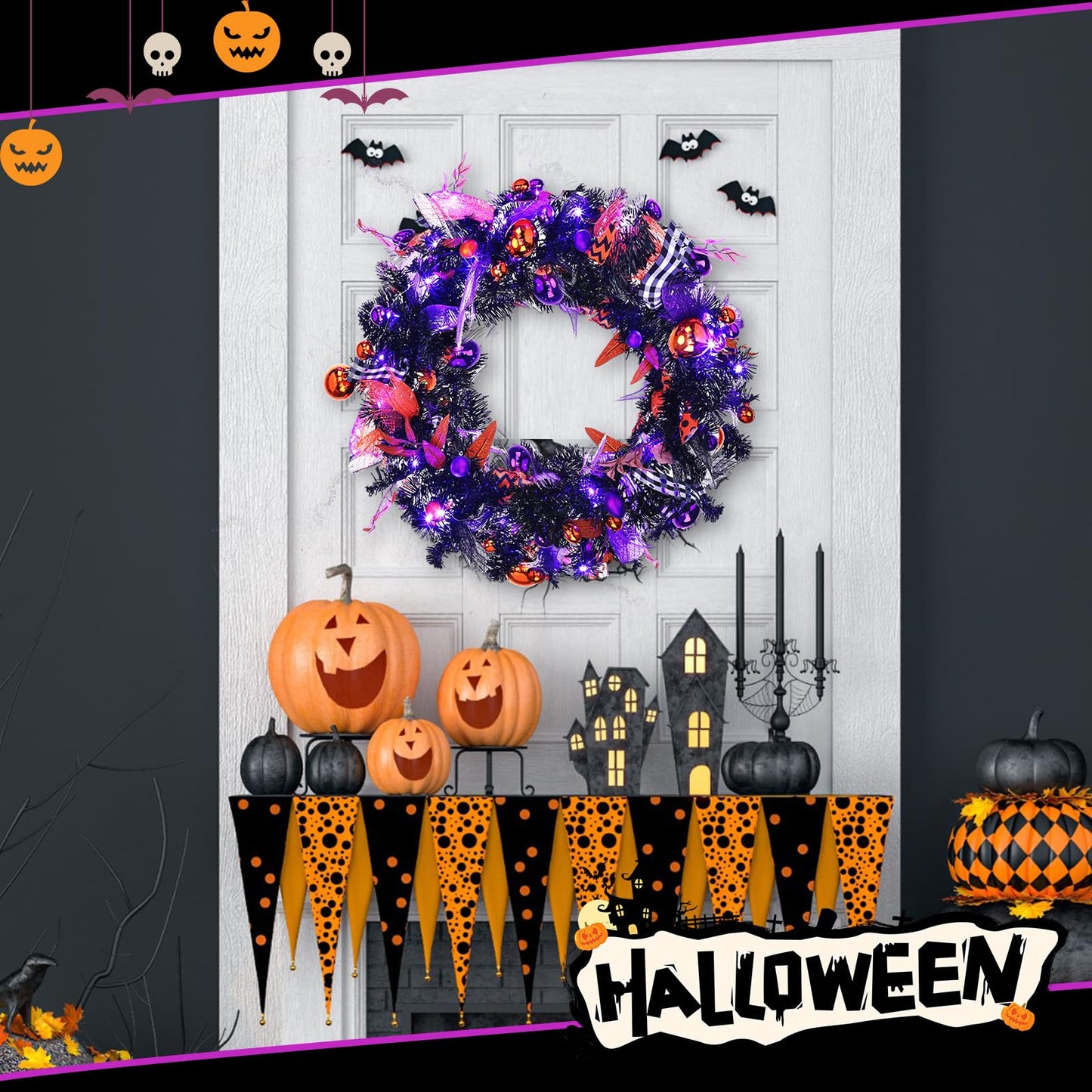 Riceshoot 6 ft Artificial Halloween Garland with LED Mixed Ball Rustic Halloween Hanging Garland String for Mantel Kitchen Fireplace Wall Window Home Indoor Outdoor Decor