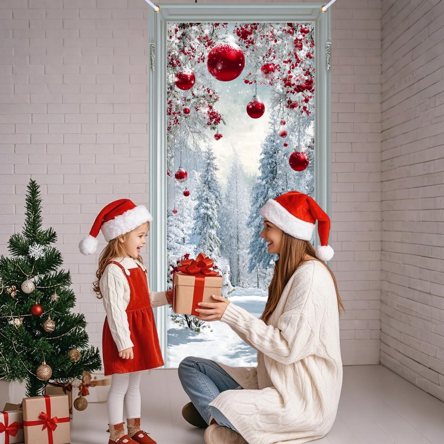 Nuxovilar Snow Scene Door Cover with Red Accents Background Winter Xmas Holiday Wonderland Decorations Party Supplies Hanging Banner for Home, Office, Indoor & Outdoor Use (35x71 Inches)