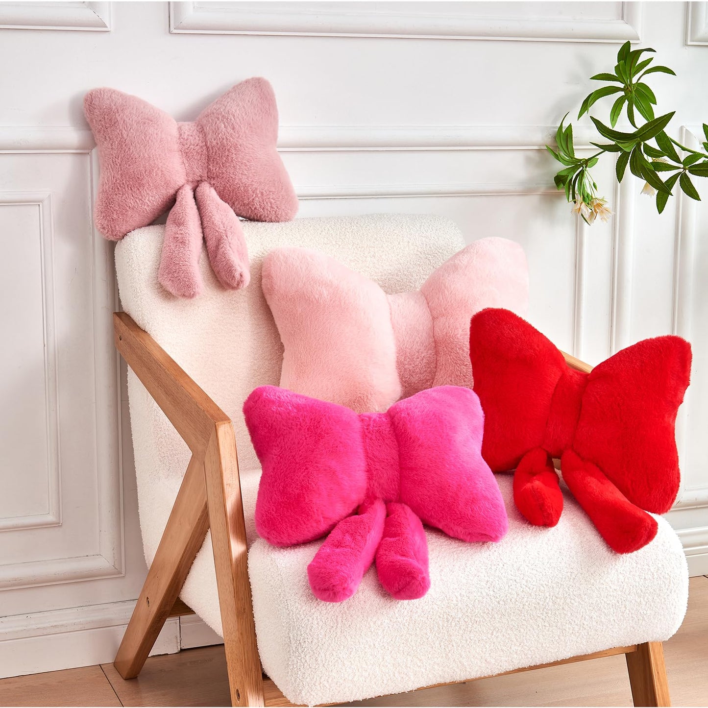 XVTRU Pink Bow Pillow, Soft Bow Decorative Pillows with Faux Rabbit Fur, Cute 12" Bow Throw Pillows, Aesthetic Home Decor Bow Shaped Plush Pillow for Bedroom Sofa Couch
