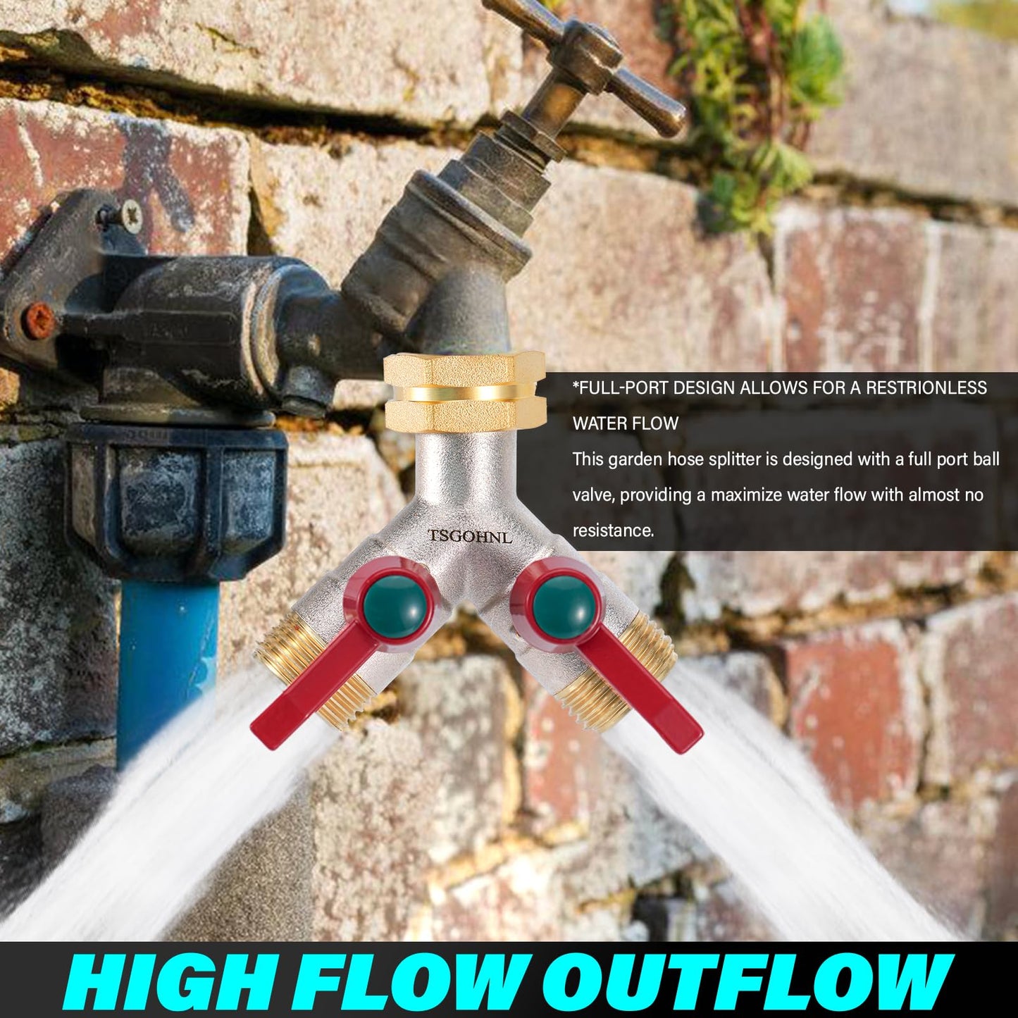 Hose Splitter 2 Way, Y-Valve Water Spigot Splitter, High Flow Faucet Splitter, 3/4" GHT Thickened Hexagonal Water Inlet with 2 Garden Hose Coiled Spring Protectors and 2 More Extension Handles