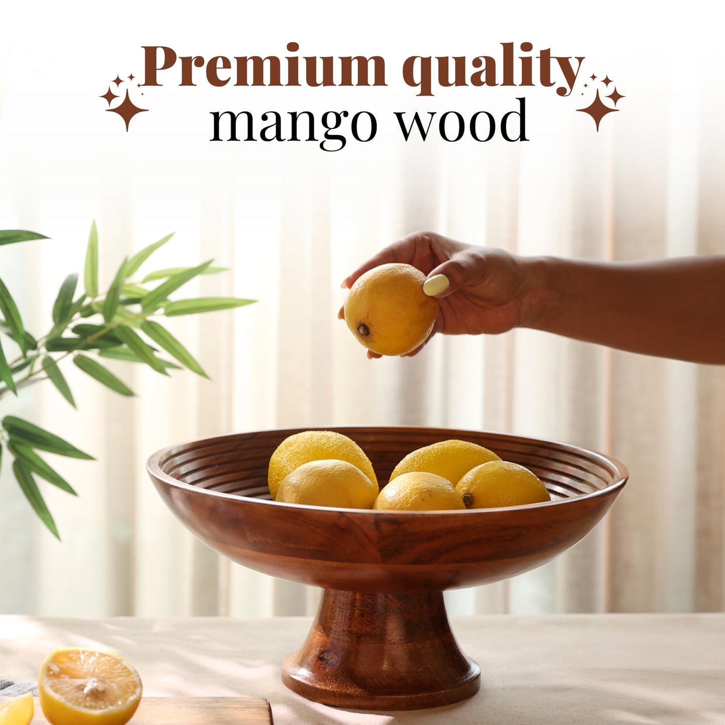 Folkulture Wooden Fruit Bowl for Kitchen Counter | 12" Large Premium Eco Friendly Banana Fruit Basket for Kitchen | Acacia Wood Bowl with Holder, Pedestal for Table Decor, Centerpiece for Dining Table