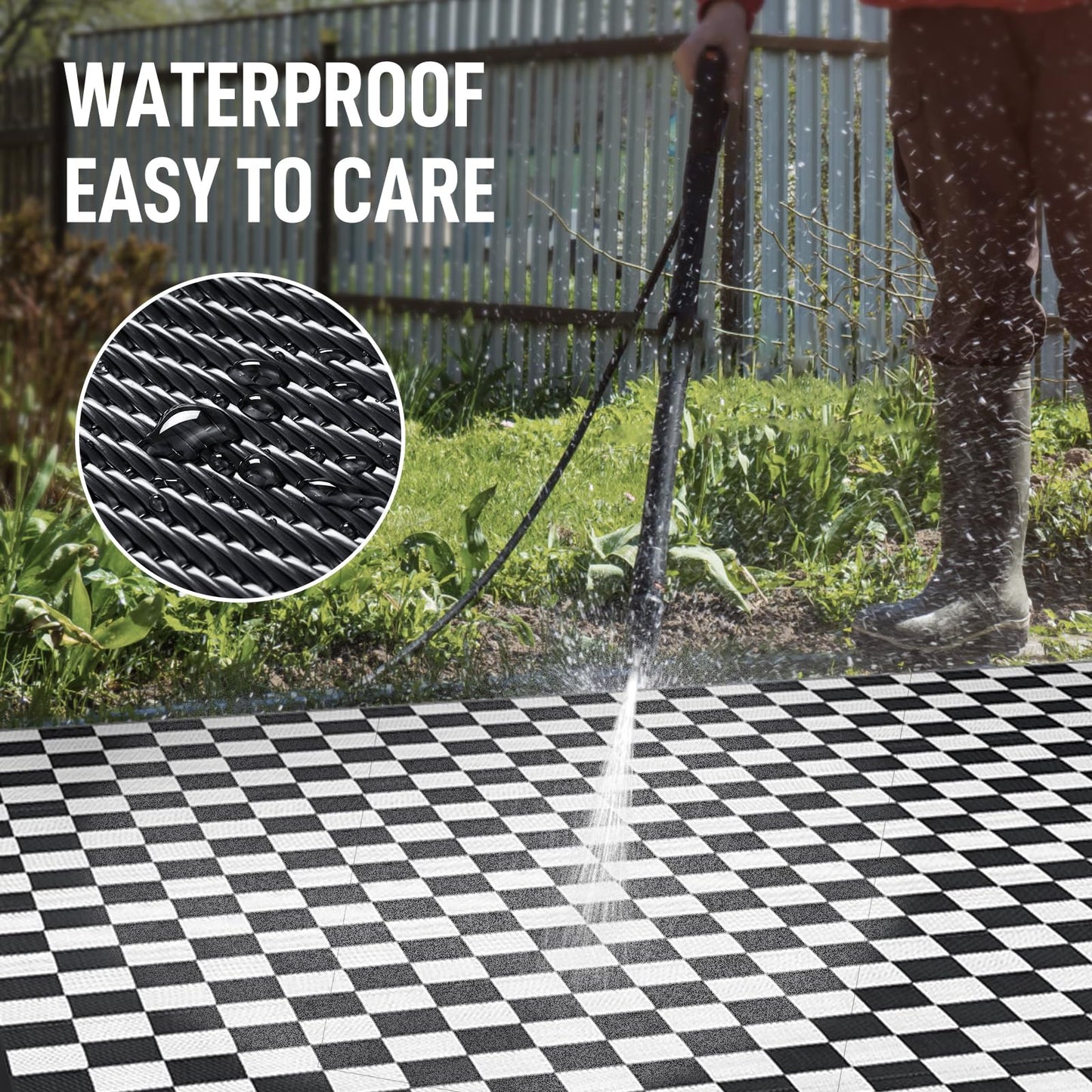 GOTGELIF Black and White Classic Checkerboard Outdoor Area Rug 9x18FT, Reversible & Water-Resistance & Portable Plastic Straw Rug for RV Trips, Picnic, Camping, Outdoor, Garden, Patio