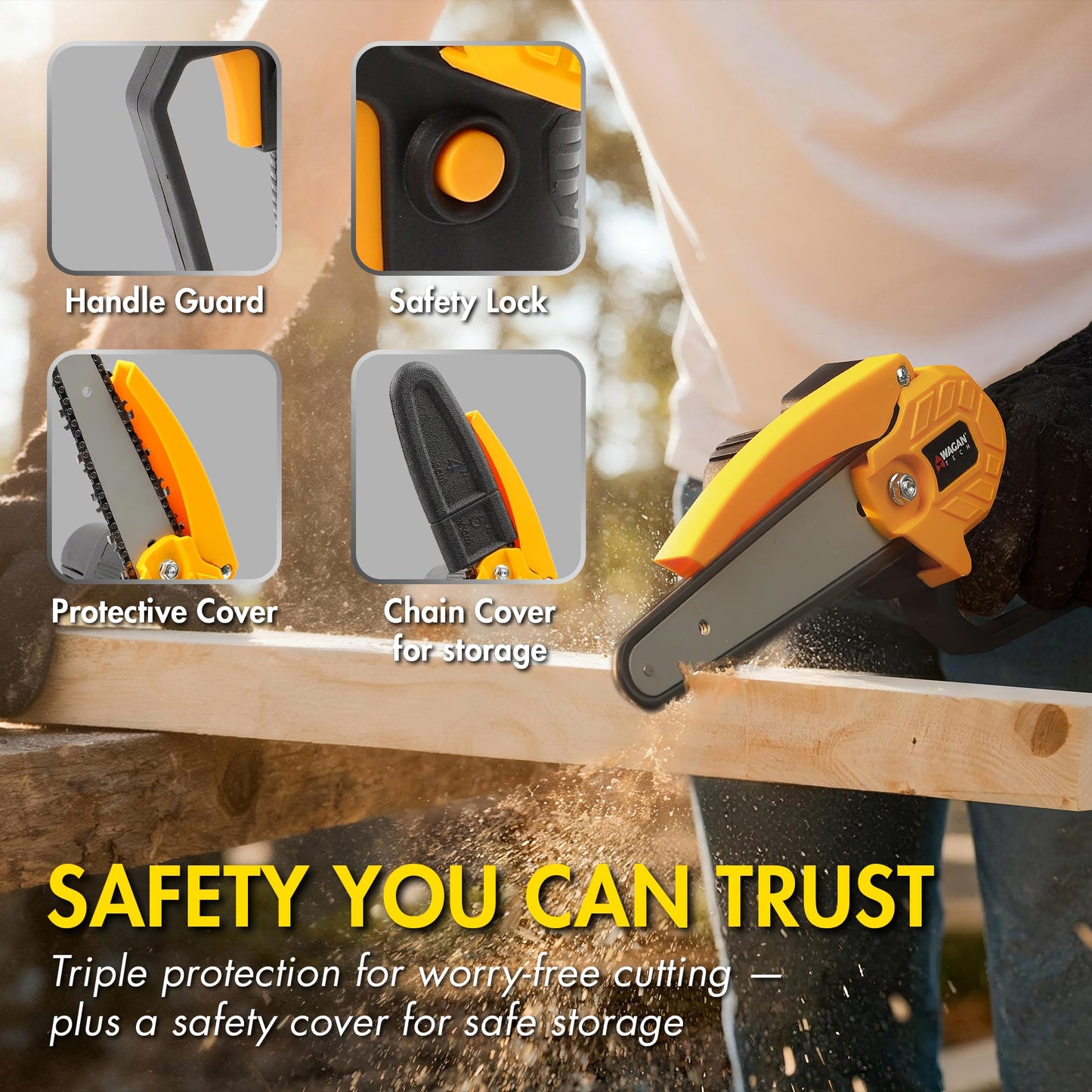 Wagan EL7007 OneVolt Cordless Chainsaw 6, 6-Inch Mini Chainsaw with UL Certified 3.0Ah Rechargeable Battery, Lightweight Handheld Saw for Tree Trimming, Pruning, and Wood Cutting