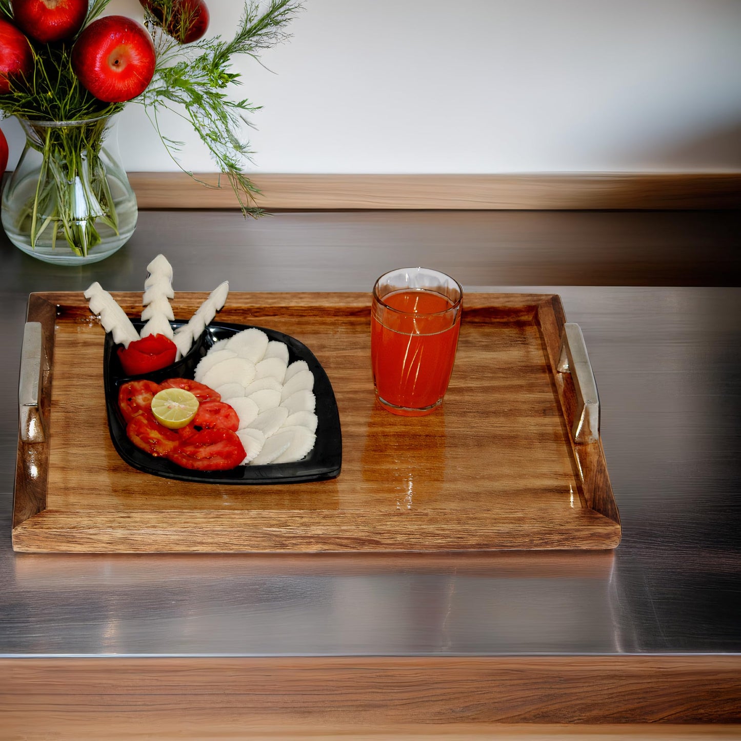 Premium Wooden Serving Tray with Aluminum Handles | Handcrafted Solid Wood Decorative Tray for Kitchen, Dining & Coffee Table | Large Rustic Breakfast Tray | Multipurpose Food & Drink Server