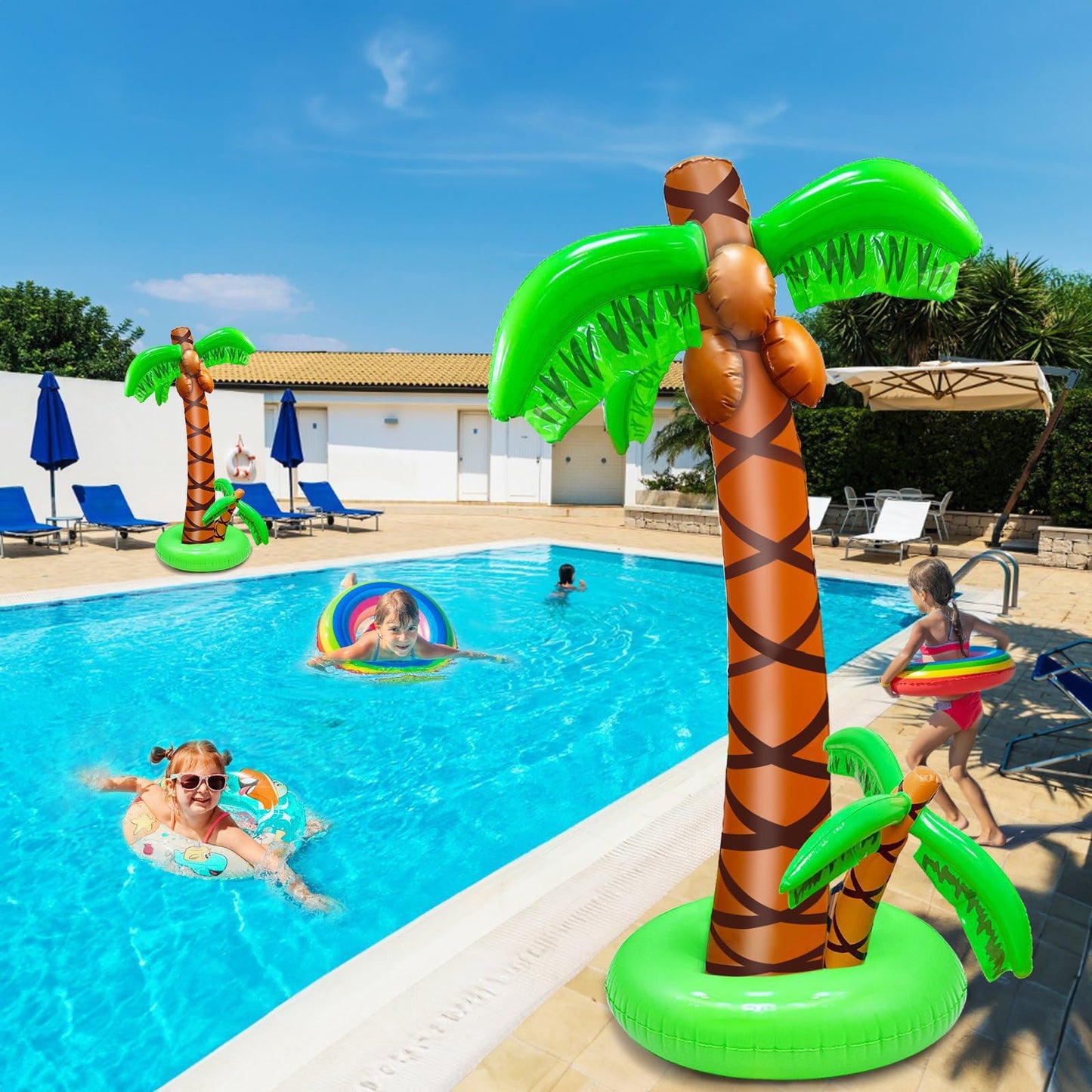 2 Pack Inflatable Palm Trees with Exclusive Two Trunks, 5.5Ft Blow Up Palm Tree Luau Hawaiian Tropical Theme Birthday Indoor Party Decoration, Outdoor Summer Beach Pool Party Supplies Photo Prop Decor