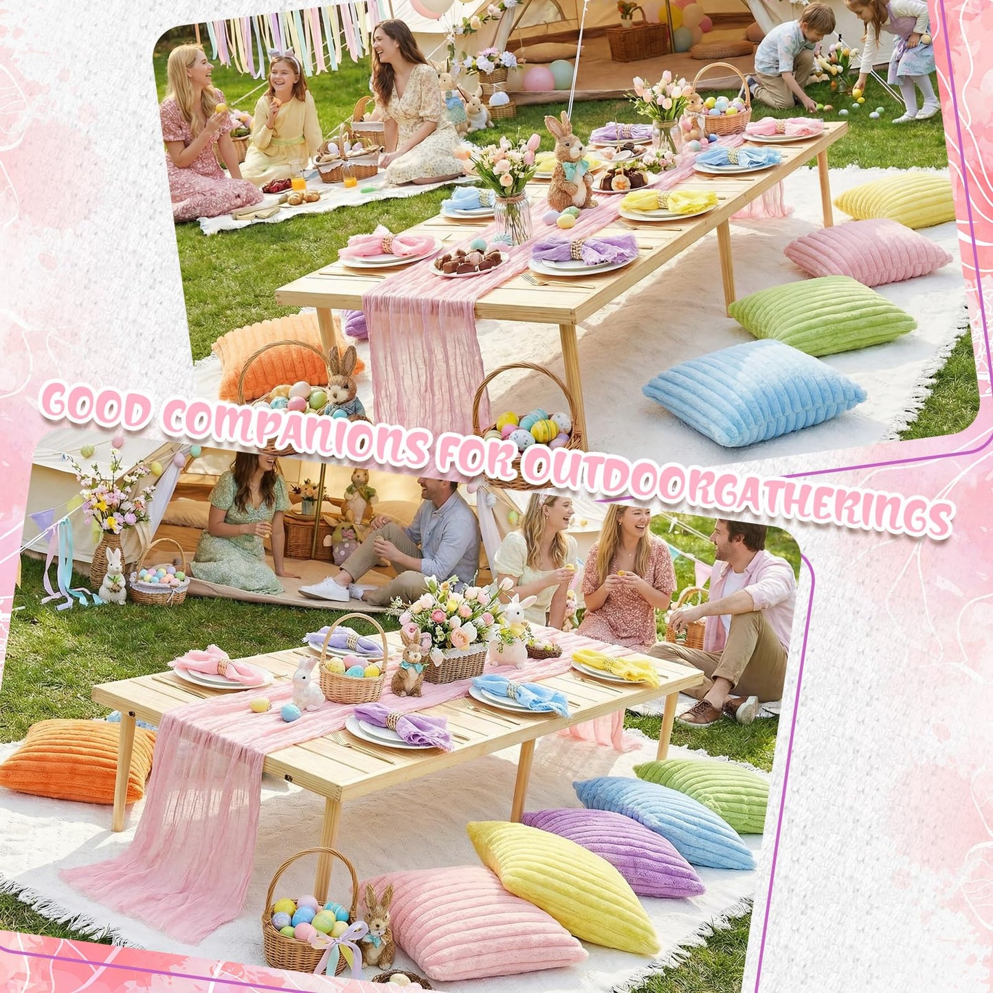 Beeveer 91 x 71 Extra Large Outdoor Boho Picnic Blanket with Pastel Table Runner, 6 Throw Pillow Covers 6 Napkins Woven Cotton Yarn Oversize Beach Blanket Washable Picnic Camp Wedding