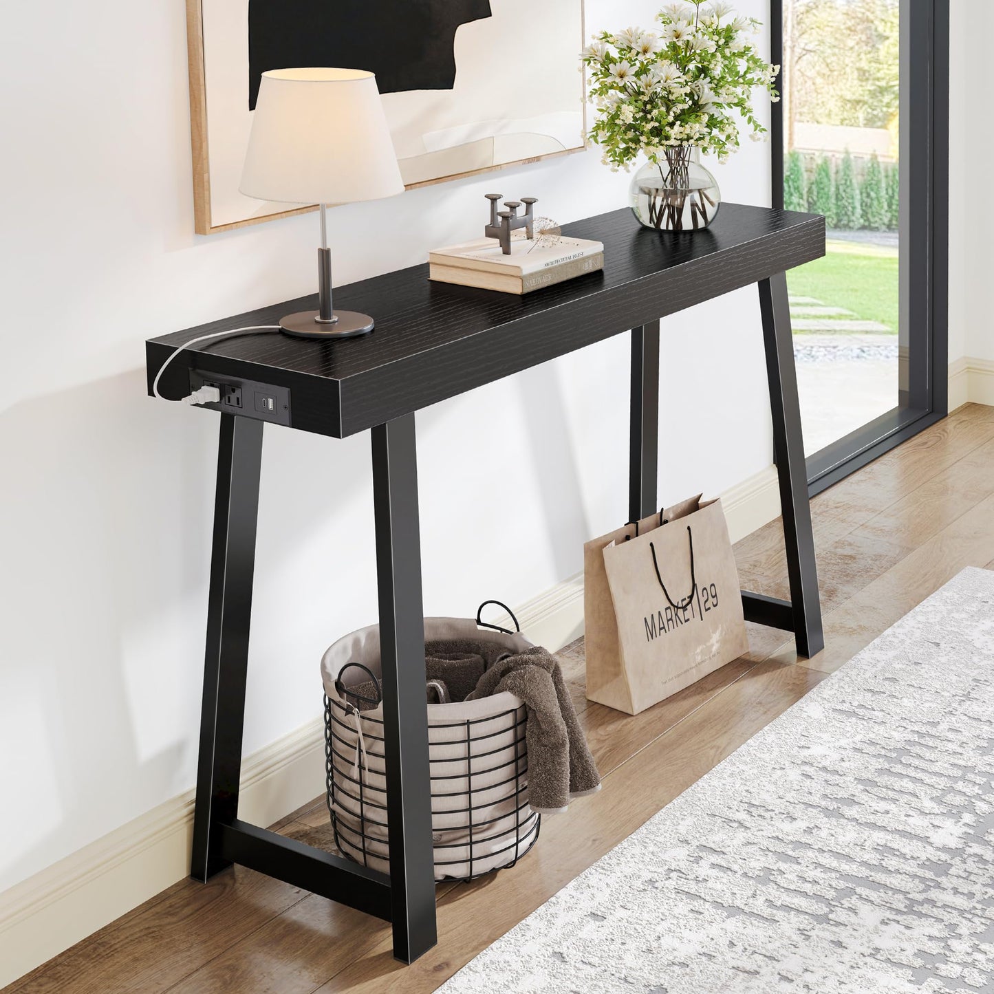 Huuger Entryway Console Table with Charging Station, USB-C Port, 47.2 Inch Sofa Table with Metal Legs, Entry Hallway Table with Thicker Desktop, Modern Behind Couch Table, Black