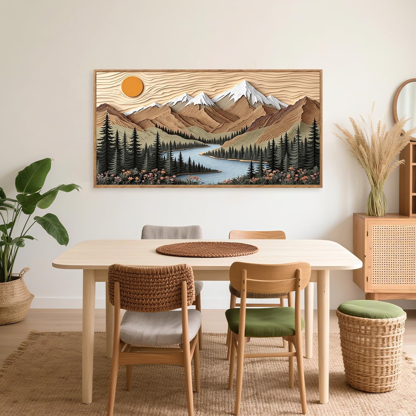 CHDITB Mountain Framed Wall Art, Long Horizontal Mountains Wall Decor, Sun Lake Pine Trees Nature Wall Painting, Modern Rustic Farmhouse Landscape Art Prints for Bedroom Office Decoration 20"x40"