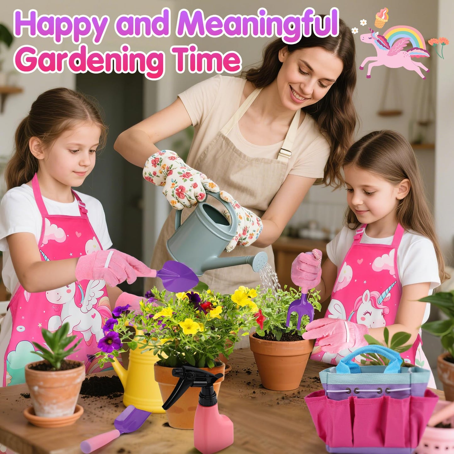 Kids Gardening Tool Set - Garden Tools for Kids with Shovel Trowel Rake Apron Gloves Watering Can and Tote Bag, Outdoor Toys Great Gifts for 3 4 5 6 7 8+ Years Old Girls (Unicorn Style)