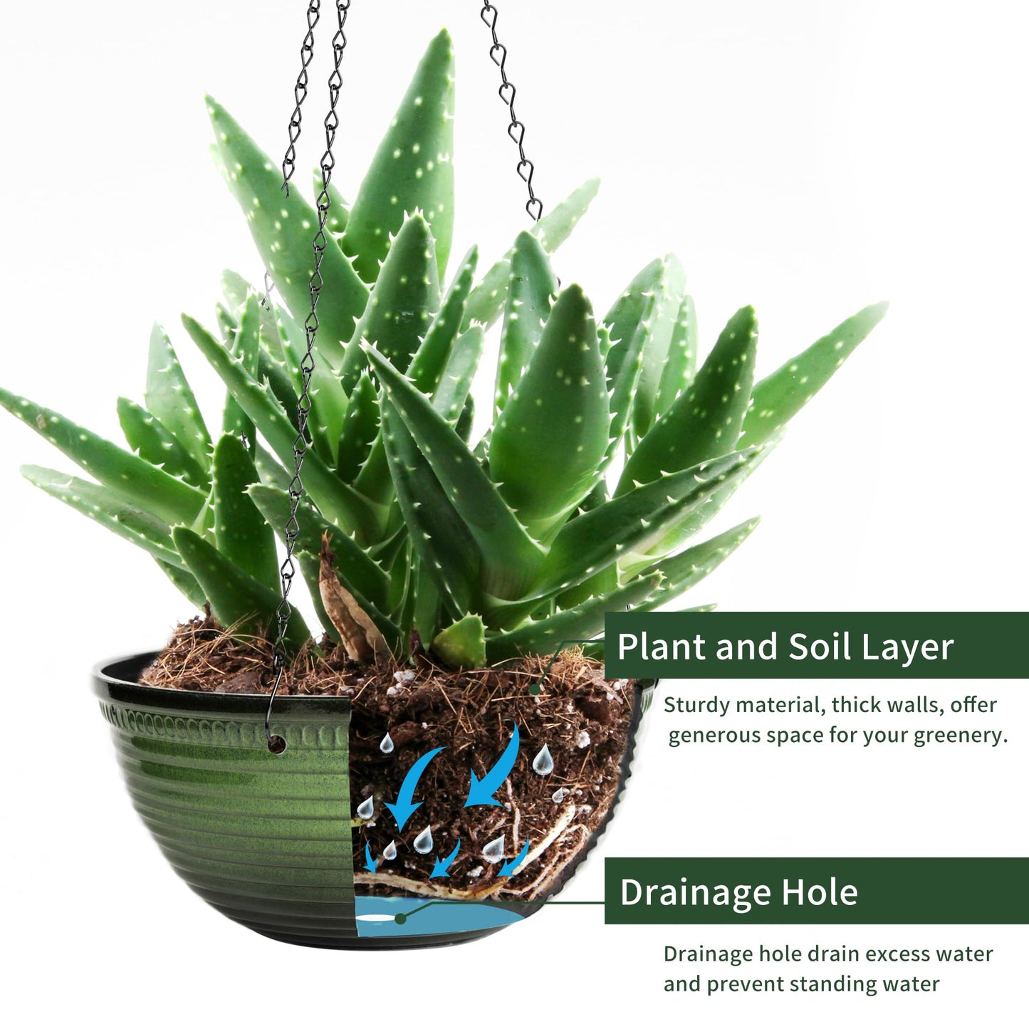 Vanslogreen 12 inch Hanging Planters for Indoor Outdoor Plants, 2 Pack Large Hanging Flower Pots with Drainage Holes and Chain, Glazed Hanging Baskets for Home Garden Decoration, Green