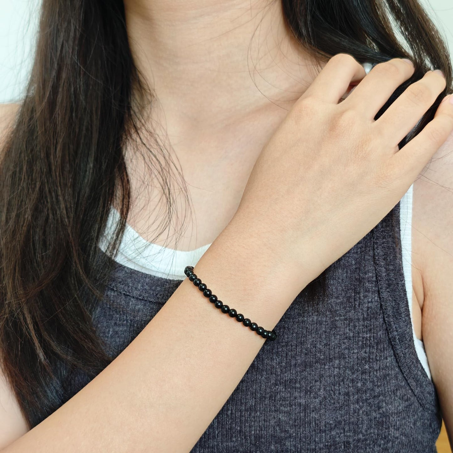 CHCCOYE 4mm Natural Healing Gemstone Bracelet Handmade Yoga Stretch Elastic Bracelet Stress Relief Crystal Jewelry for Men and Women (4mm, Black Onyx)