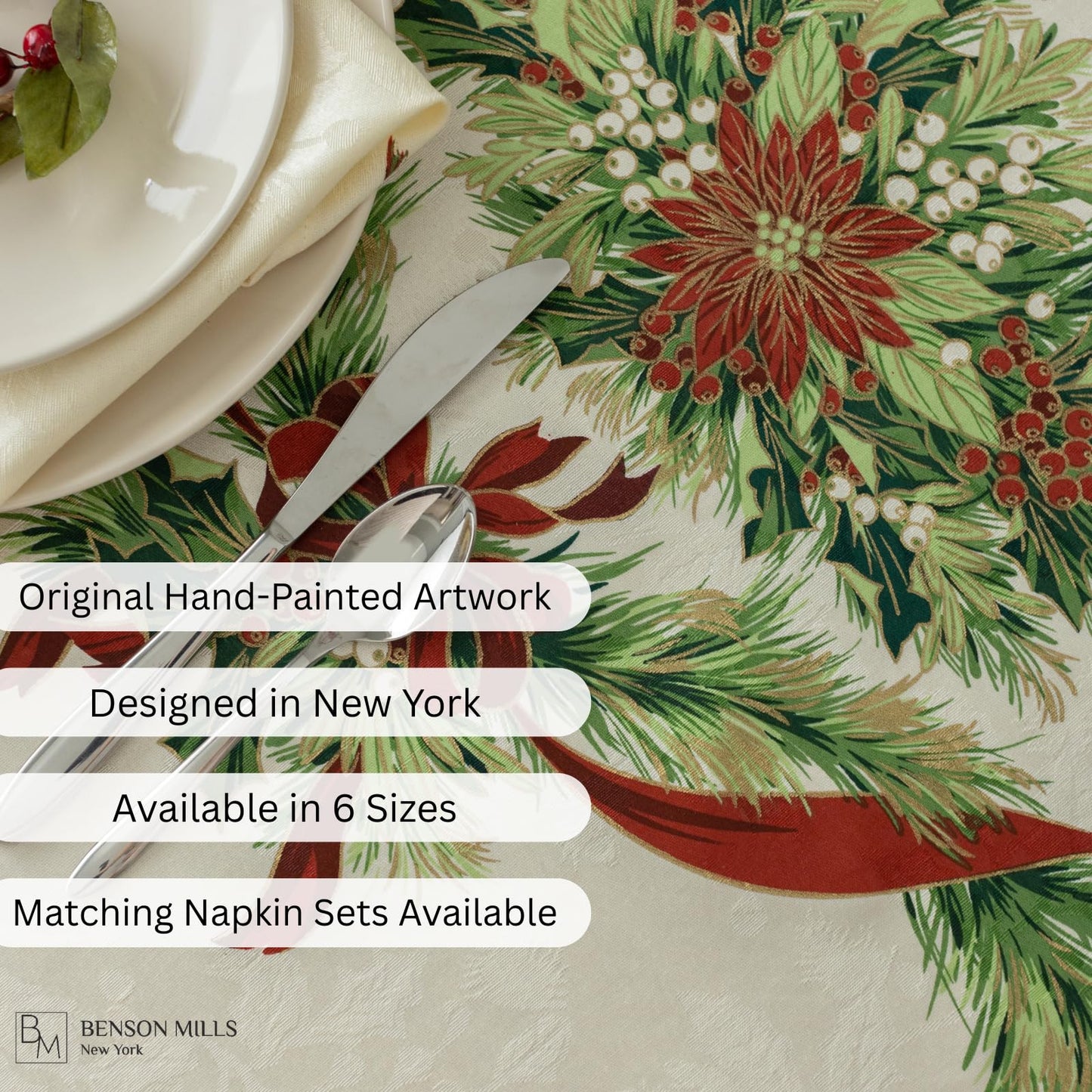 Benson Mills Christmas Ribbons Engineered Printed Fabric Table Cloth, Winter, Holiday and Christmas Tablecloth (60" X 120" Rectangular, Xmas Ribbons)