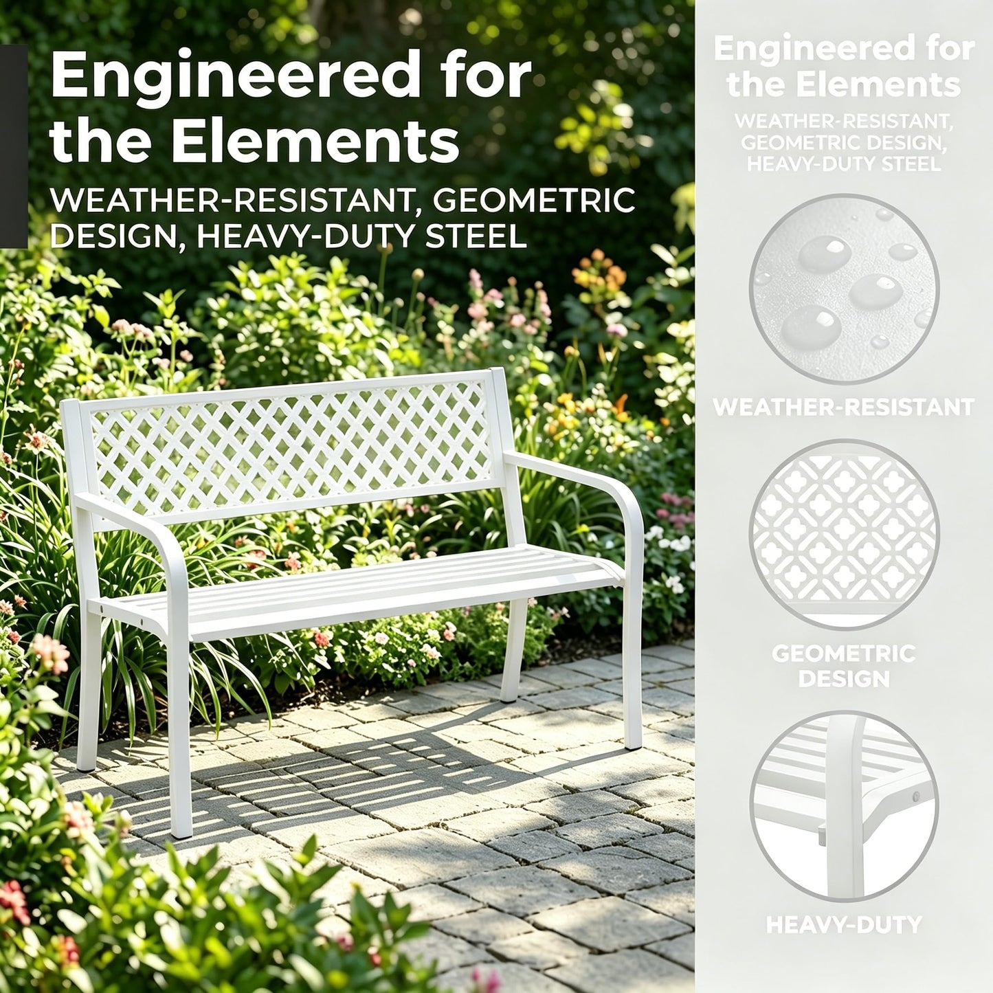 Garvee Outdoor Metal Garden Bench for 2 Person, Heavy Duty Steel Patio Bench 790 Lbs Capacity, Weather Resistant Black Porch Seating with Geometric Backrest, Outdoor Furniture for Yard, Deck, Entryway