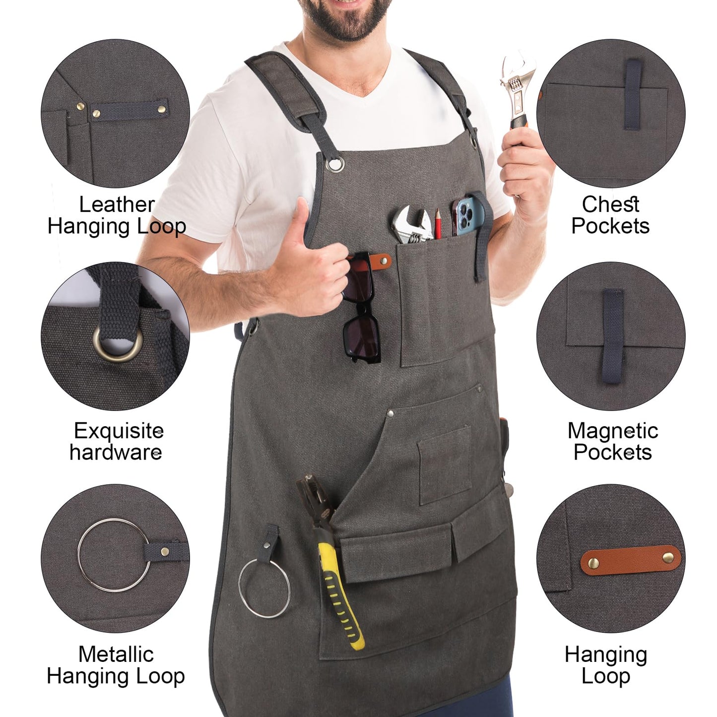 Rtcimoic Men's Multi-Function Woodworking Tool Apron, Multi-Pocket Canvas Carpenter Shop Work Apron, Heavy Duty Adjustable Belt S-3XL Grey
