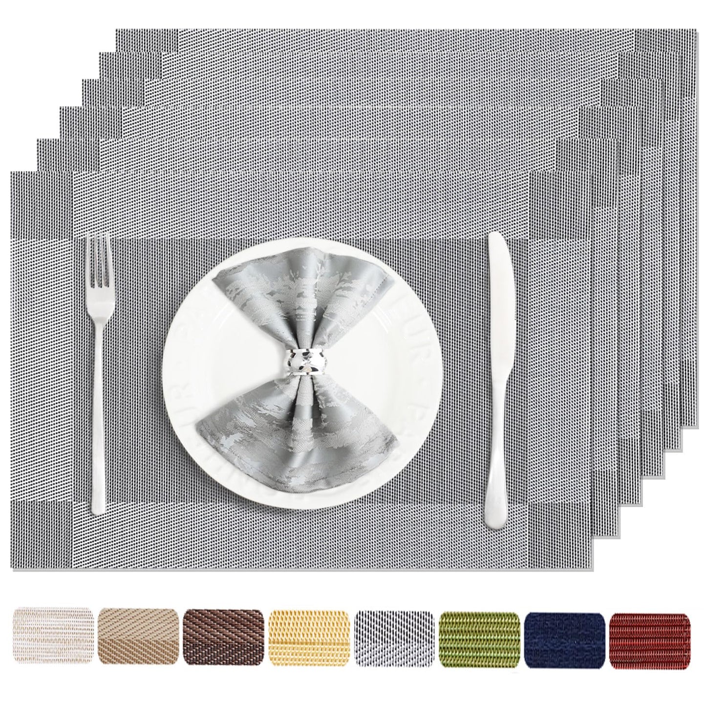 Uolr Placemats Set of 6 Washable&Wipeable Silver Place mats for Dining Table Kitchen Indoor Outdoor Table Mats Heat Resistant Non Slip Woven Vinyl Table Placemats (Grey，6PCS)