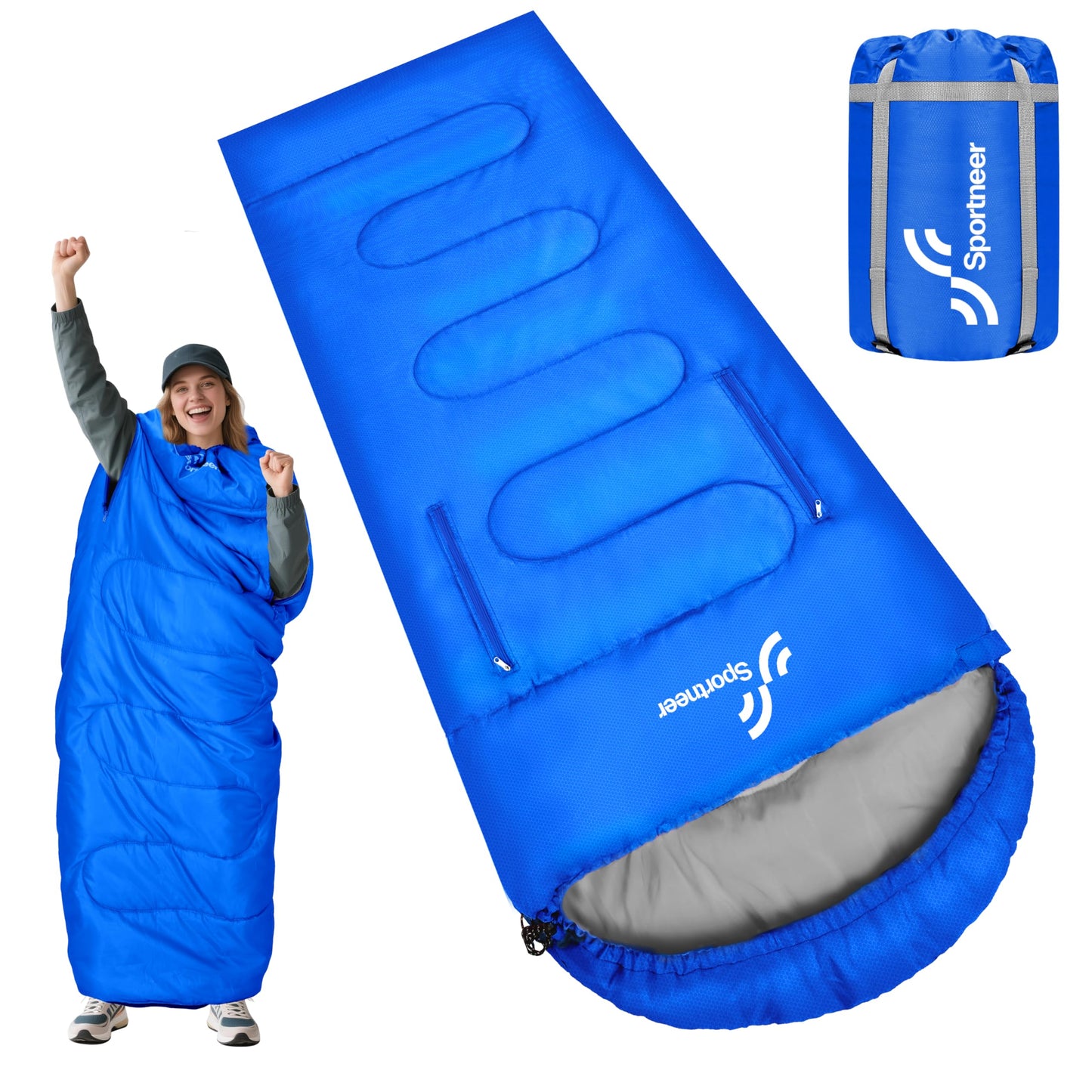 Sportneer 0 Degree Wearable Sleeping Bag for Adults & Kids – Walkable with Arm Zippers, Waterproof & Warm to 32°F, Compact for Camping, Stadiums, Travel, Backpacking & Car Use