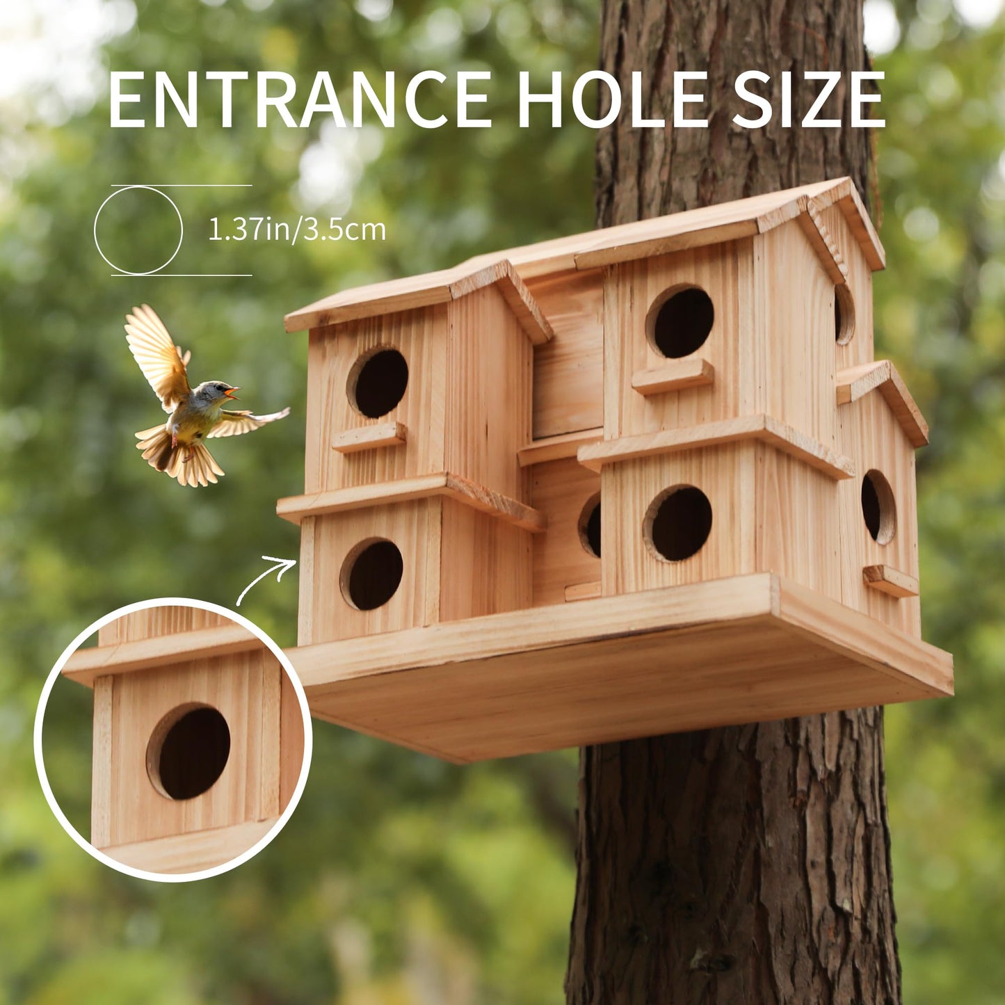 Bird Houses for Outside, 9 Room Wooden Bird House with Feeder, Large Hanging Birdhouse for Garden Backyard, Multi Hole Birdhouse for Small Birds, Outdoor Decorative Bird House for Finch Wren Chickadee