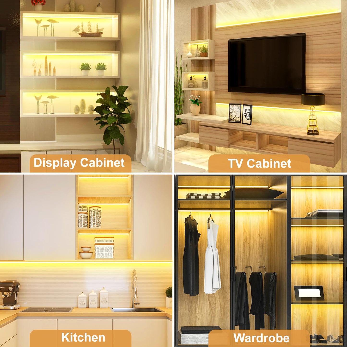 JUSJUBR LED Shelf Lights, 16.4ft Dimmable Cuttable COB LED Strip Lights, Warm White 3000K, Under Shelf Lighting for Bookshelf, Display Cabinet, Closet, Kitchen and Pantry