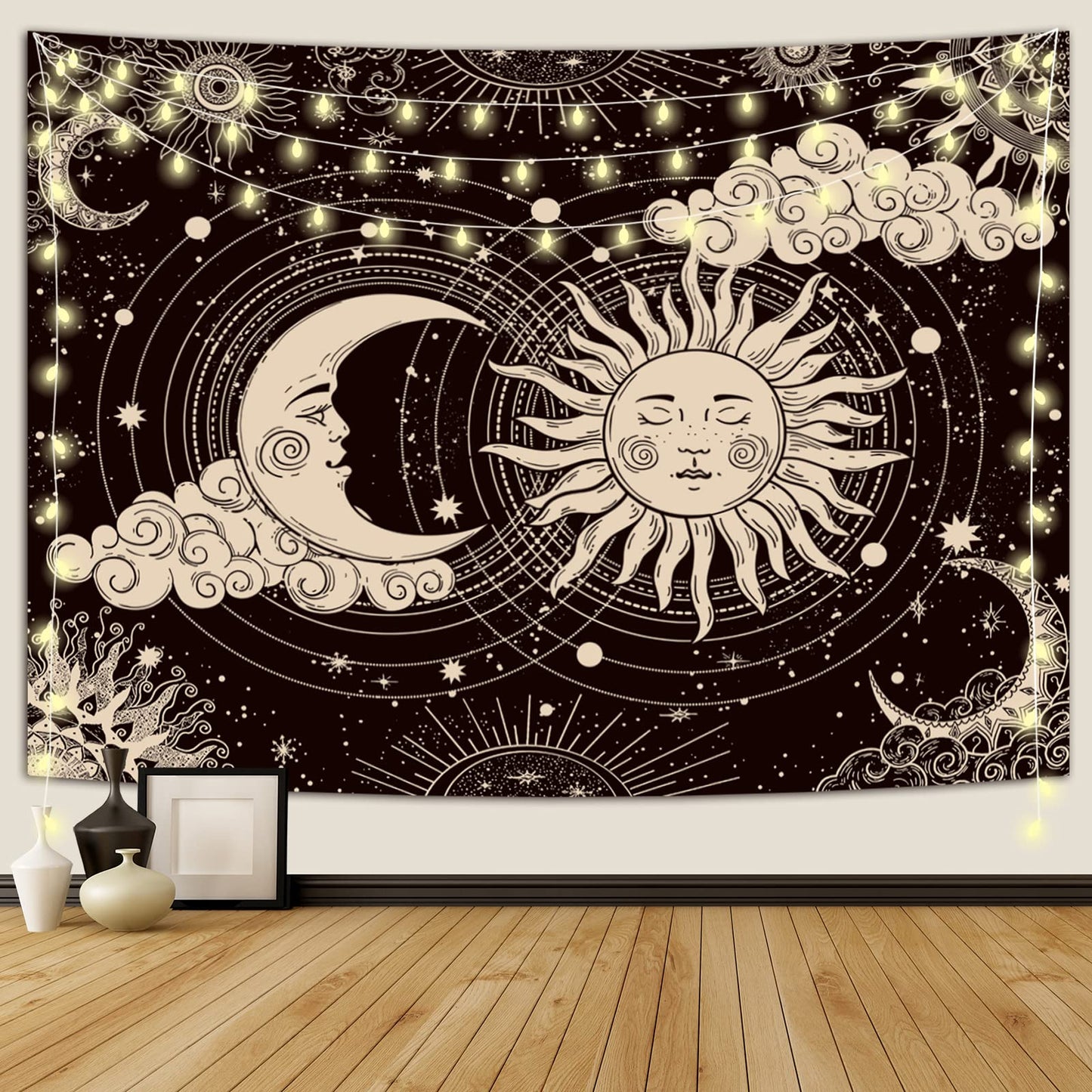 Wonrizon Sun and Moon Tapestry, Aesthetic Black Dark Spiritual Tapestries Mystic Burning Sun with Clouds Star Wall Hanging decor for Bedroom (30"x40")