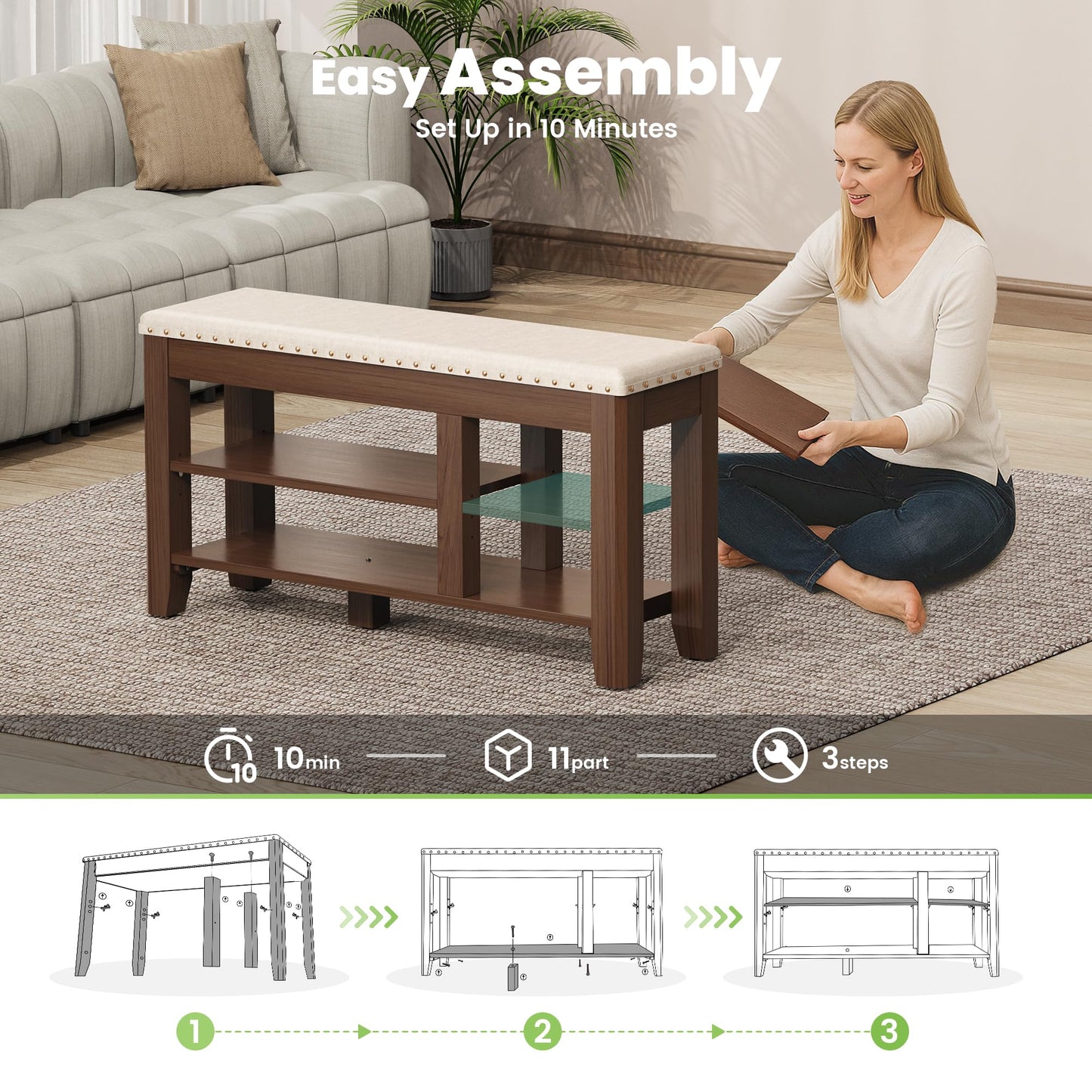 Shoe Bench for Entryway, Solid Rubberwood Shoe Bench with Hidden Storage, Adjustable 2-Tier Shelves & Soft PU Leather Seat, Shoe Rack Durable Easy Assembly for Hallway or Bedroom - Beige, 39.4"