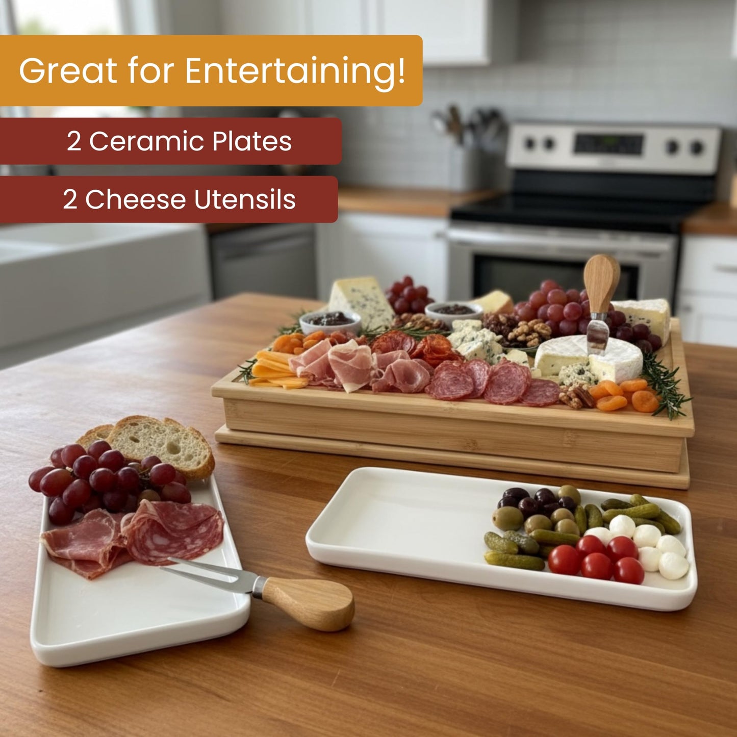 The Cheese Chapter | 100% Bamboo | Book-Inspired Charcuterie & Cheese Board | Hidden Slide-Out Drawer with Utensils & Plates | Statement Kitchen Display Piece