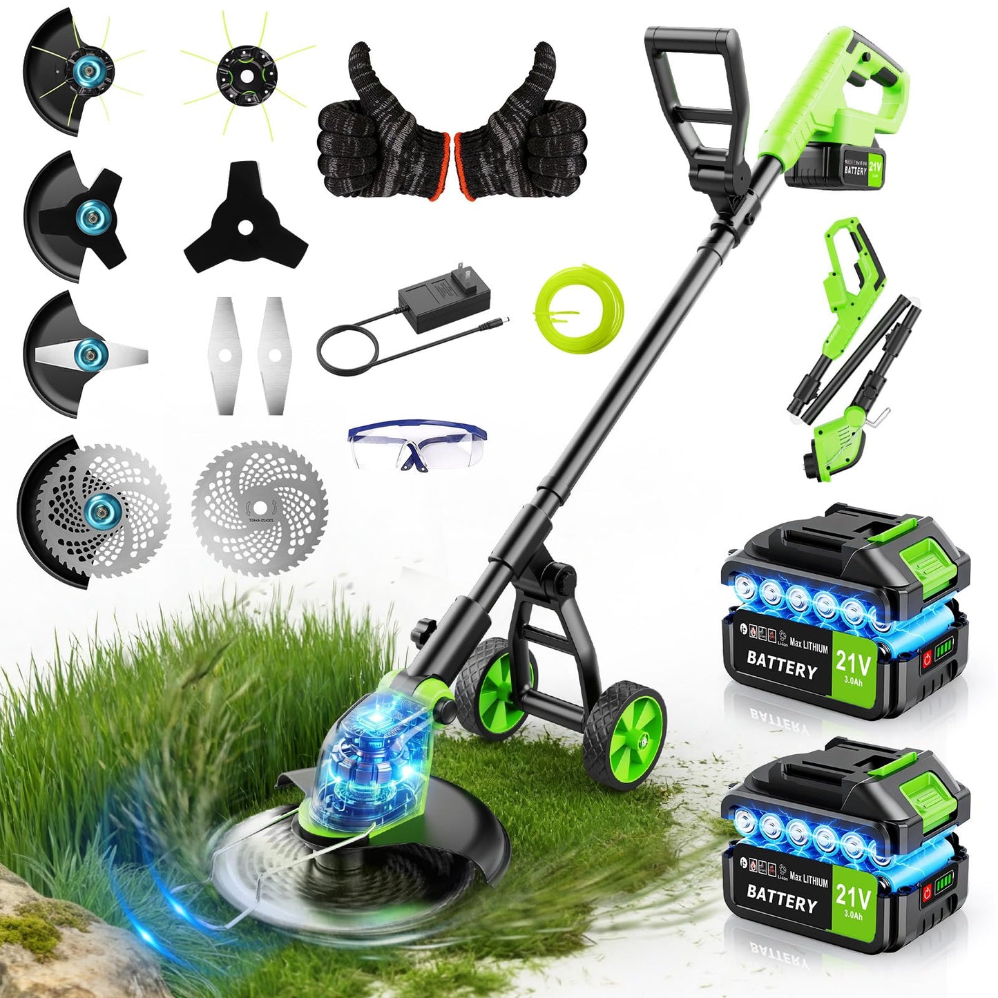 20000 RPM Electric Weed Wacker Cordless, 12″ Brushless Weed Eater Battery Powered with Wheel, 4-in-1 Grass Trimmer/Brush Cutter/String Trimmer, Lawn Mower Edger Stringless Weed Trimmer, 2 Battery Tool