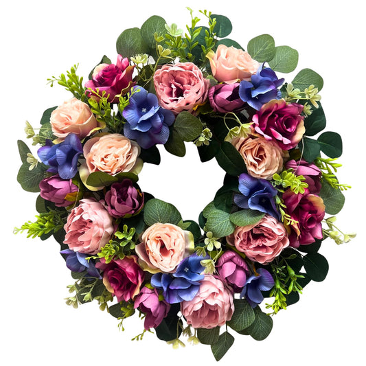 Svndlyn 22 Inch Pre-lit Artificial Spring Wreath for Front Door with Timer - 20 LED Lights, Pink Rose Peony & Eucalyptus Floral Decor, Battery Operated Summer Wreath for Indoor Covered Outdoor