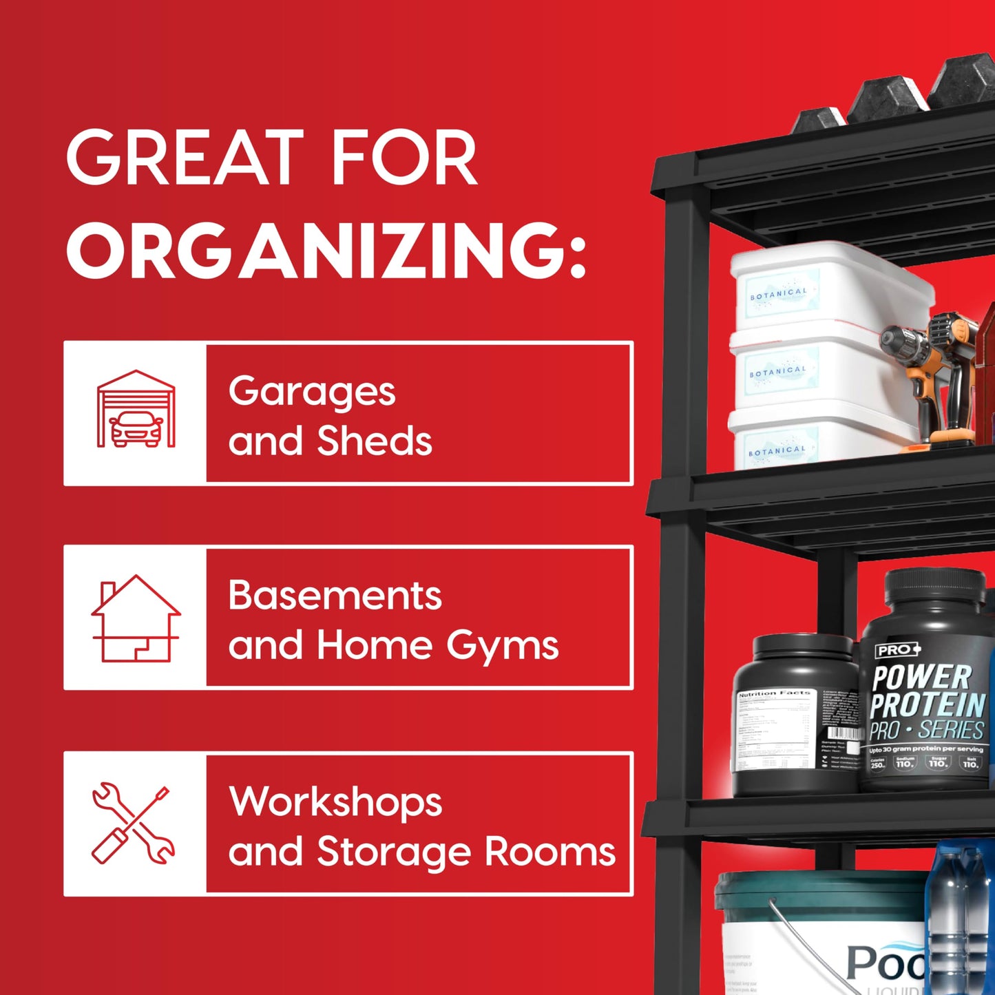 IRIS USA 4-Shelf Heavy Duty Plastic Storage Shelves, 600lb Capacity, 56" H x 36" W x 18" D, Large Modular Shelving Unit Storage Organizer for Garage, Home, Warehouse & Gym, Storage Rack - Black