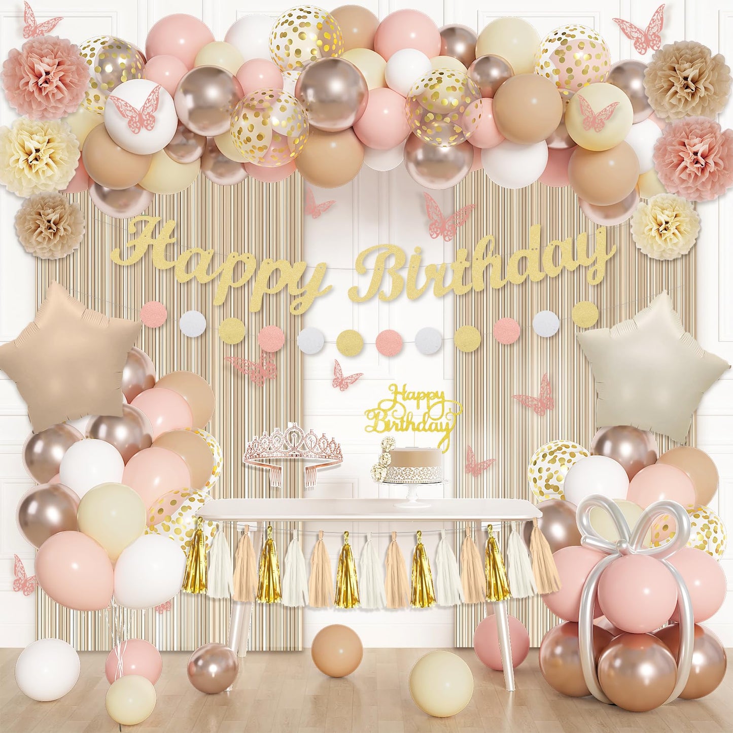 Ouddy Life Birthday Decorations for Women Girls, Neutral Foil Star Balloons Happy Birthday Circle Dots Banner Fringe Curtains Cake Topper Butterfly Paper Pompoms for Baby Shower Party Supplies