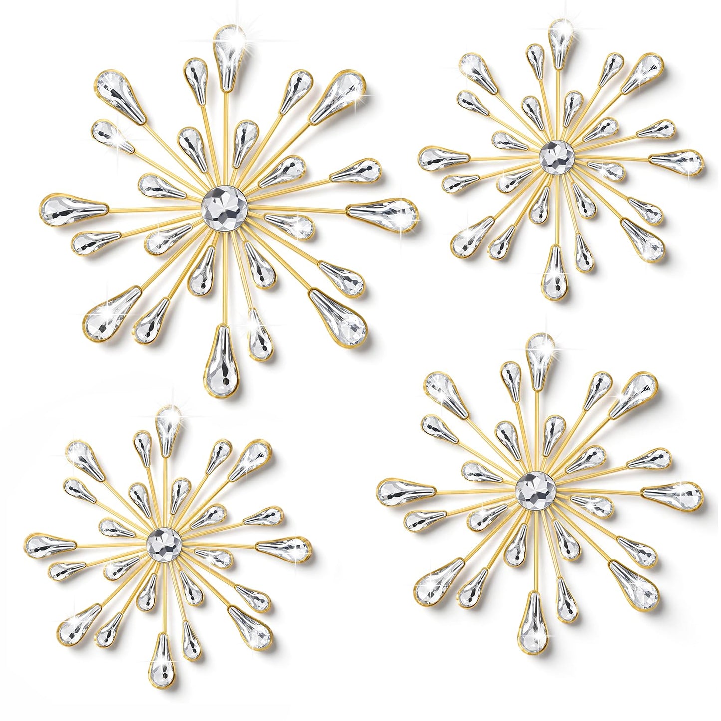 4 Pcs Starburst Wall Decor, Metal Starburst Wall Art Decor, Bling WallsArt Crystal Teardrop 3D Hanging Rhinestone Radial Metal Artwork, Decorative Walls Hanging Diamond for Living Room Bedroom(Gold)