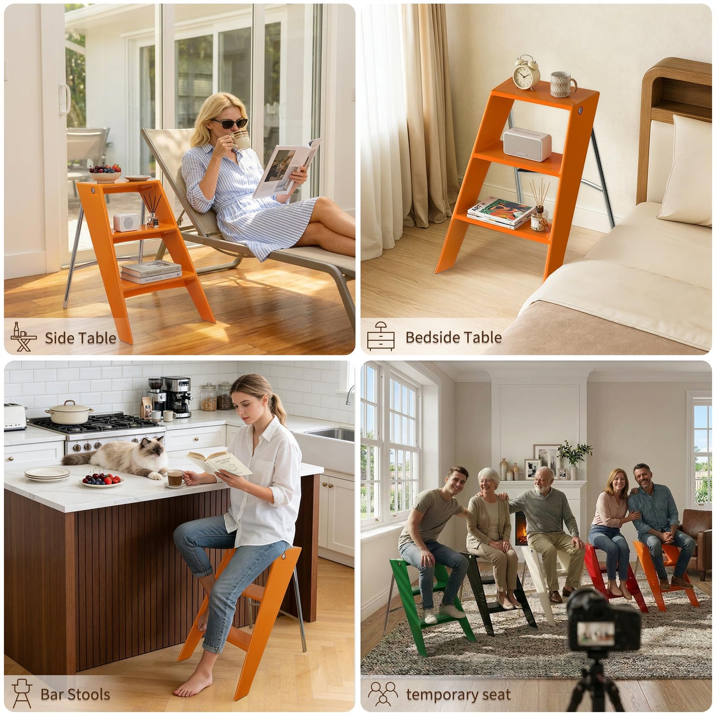 HOTEAGLE Ladder Shelf, Multifunctional 3-Tier Bookshelf, Stylish Bedroom Shelves Double as Bedside Table, Side Table for Home Living Room, Kitchen and Bedroom,Orange