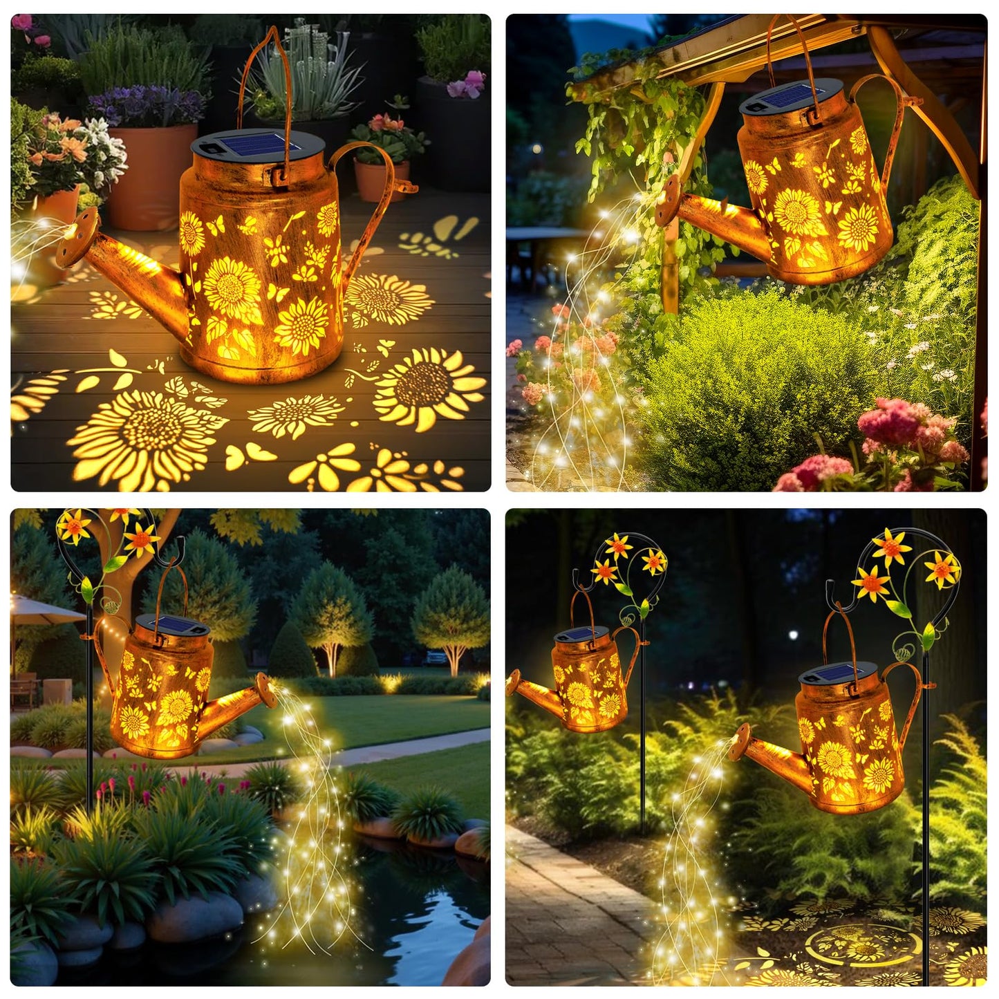 Solar Lights Outdoor Waterproof, Sunflower Solar Watering Can Lights with Shepherd Hook, Birthday Gifts for Mom Grandma Women Mother's Day, Metal Hanging Lantern Garden Decor Yard Outside Patio Lawn