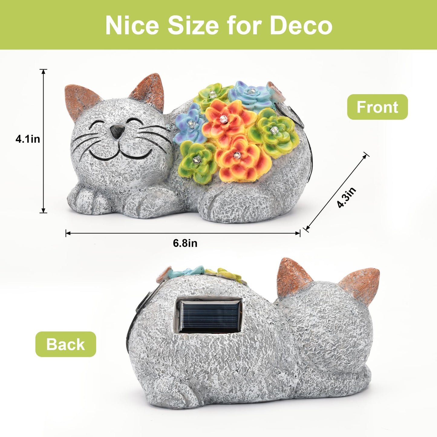 Otdair Solar Cat Decor, Birthday Gifts for Women with Succulent and 7 LED Lights, Christmas Gifts for Mom, Seniors, House Warming New Home Garden Decor for Cat Lover