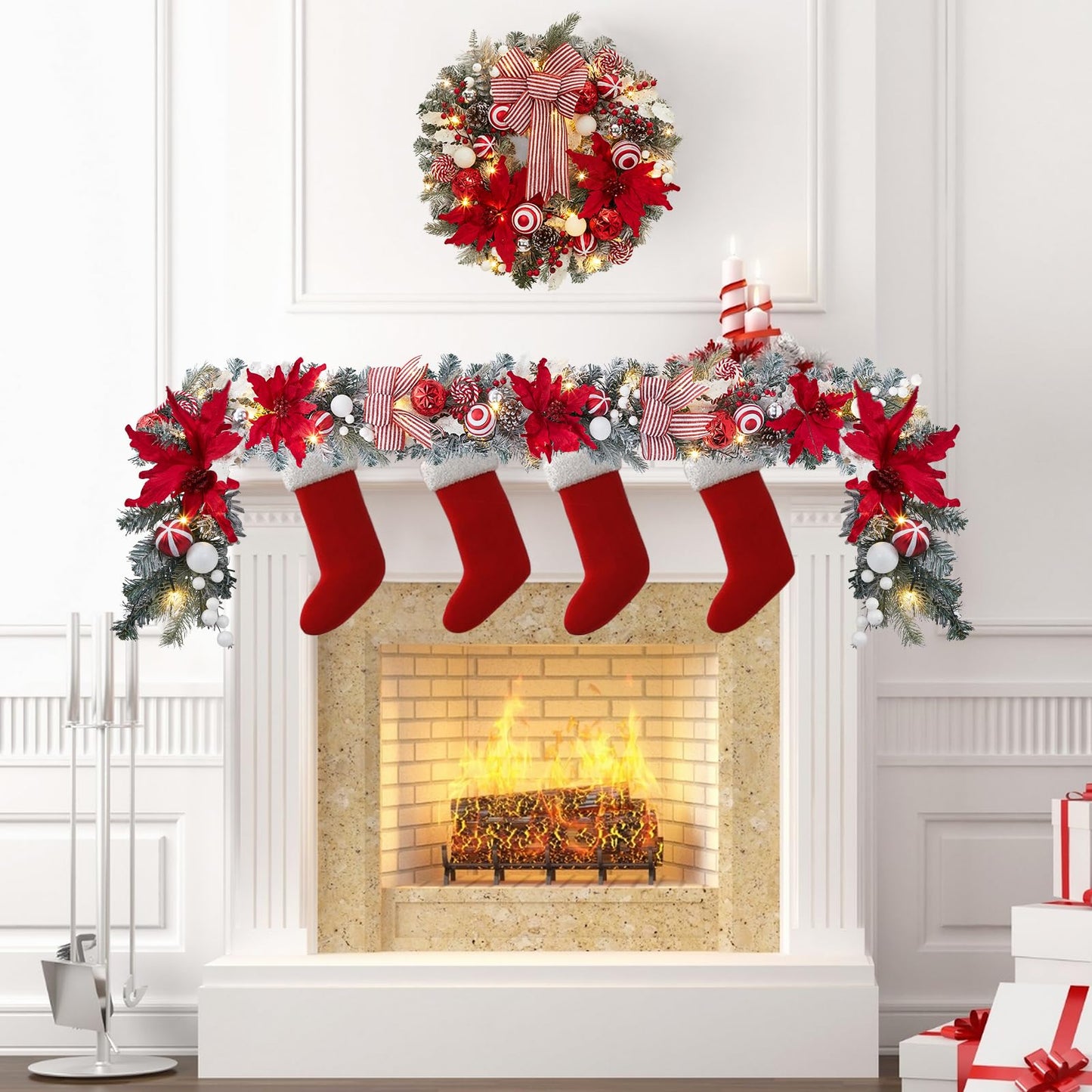 FairyLee 6ft Battery Operated Christmas Garland with 20 LED Lights & Timer, Pre-Lit Artificial Garland for Mantle, Staircase, Table, Indoor Outdoor Xmas Holiday Decor,Red Flower