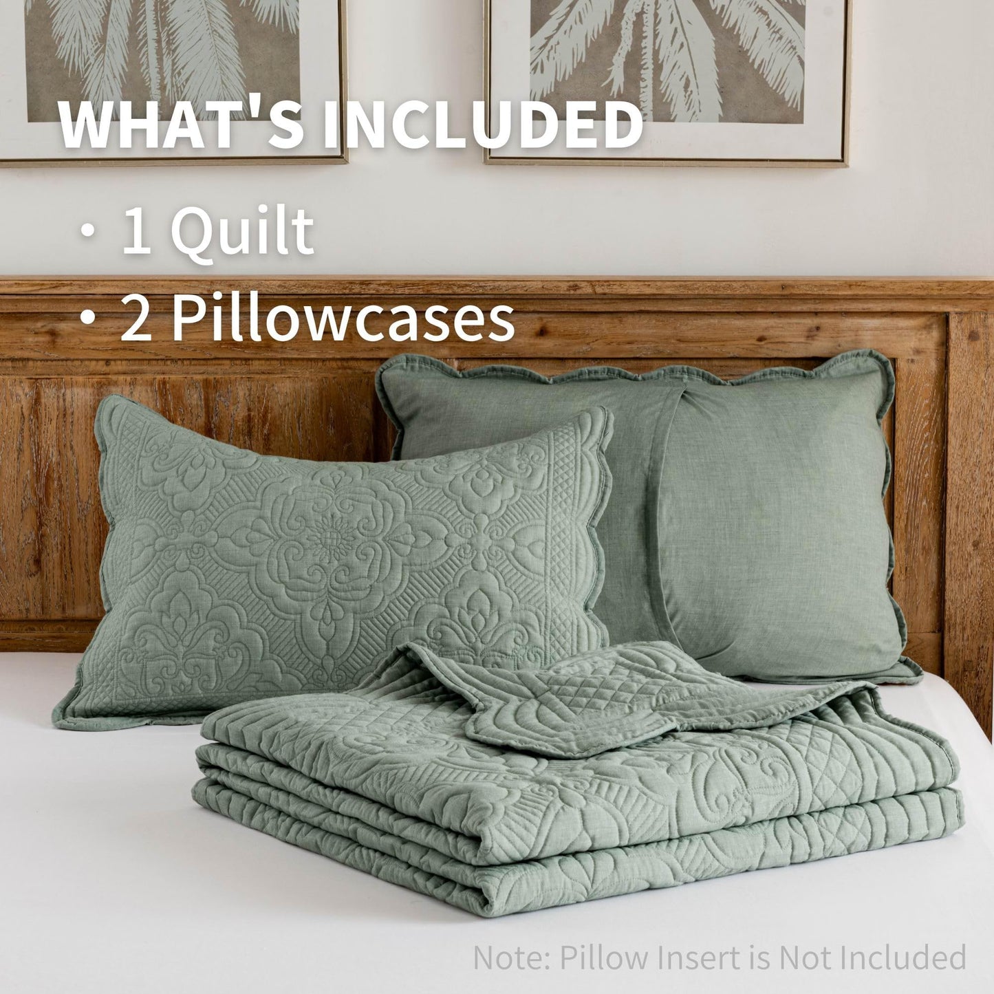 meadow park Embroidered Quilt Set Queen Size - 3 Pieces, Washed Cotton Blend Lightweight Bedspreads with Scallop Edges, Reversible Coverlets Bed Cover All Season Quilts-Green