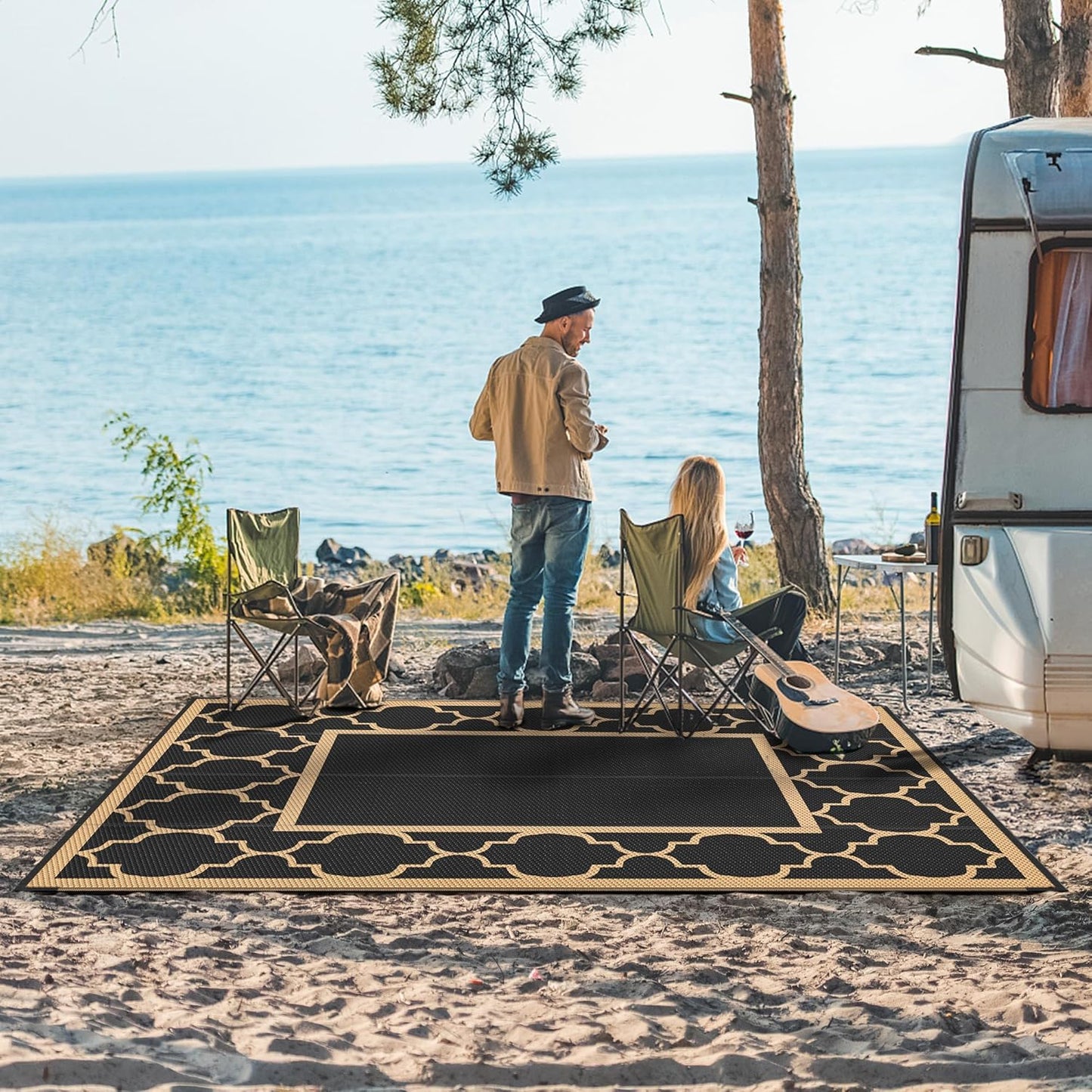 GENIMO Outdoor Rug 8' x 10' Patio Waterproof, Foldable Reversible Plastic Straw Area Rugs Mat for Camper Decor, Outside Carpet for Rv, Deck, Porch, Picnic, Beach, Balcony, Black & Brown