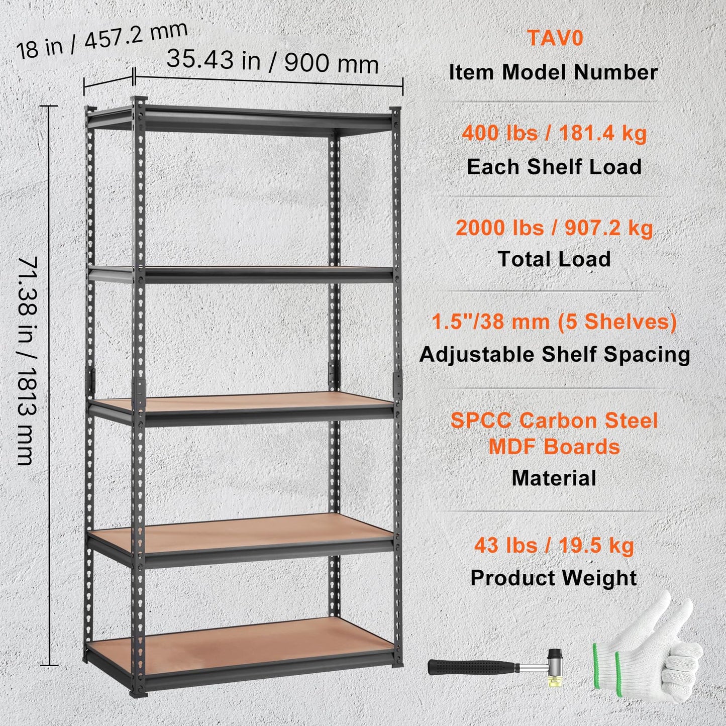 VEVOR Storage Shelving Unit, 5-Tier Adjustable, 2000 lbs Capacity, Heavy Duty Garage Shelves Metal Organizer Utility Rack, Black, 36" L x 18" W x 72" H for Kitchen Pantry Basement Bathroom Laundry