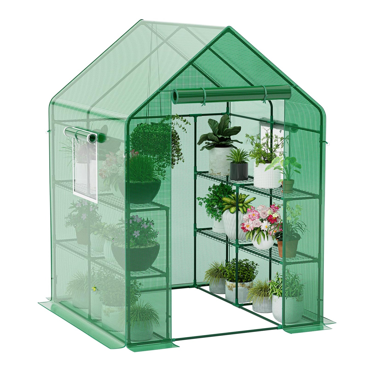 Fatazoii 56×56×78Inch Walk-in Greenhouse for Outdoors with Screen Windows, Heavy Duty Small Plant House with Thicken PE Cover and Steel Shelves, Portable Green House for Outside Garden Winter, Green