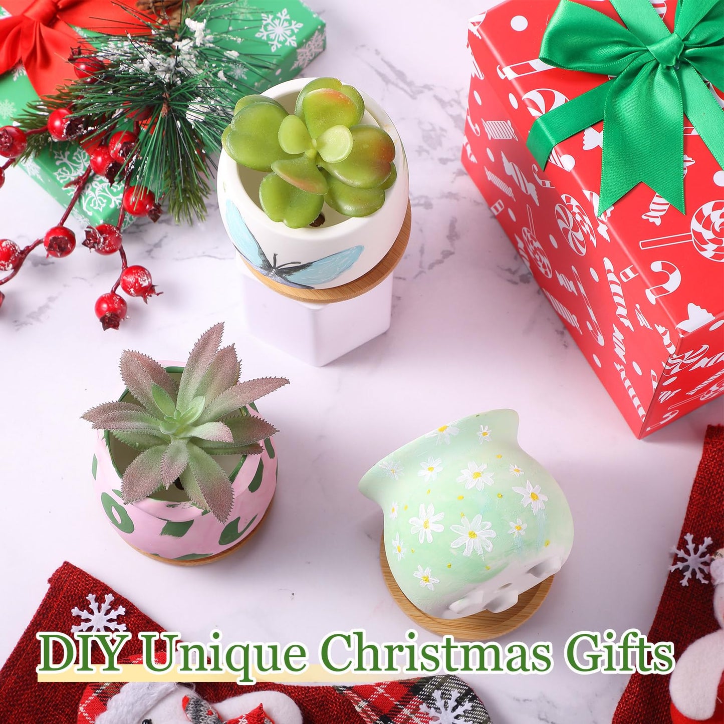 Remerry 18 Pcs 3.5 Inch Mini Succulent Pots with Bamboo Tray White Ceramic Pots Color Your Own DIY Small Planters Containers for Flower Cactus with Drainage Hole for Plant Lover