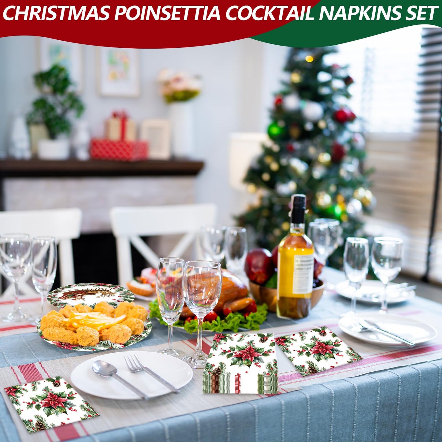 50 Pcs Christmas Poinsettia Paper Napkins, Disposable Holiday Cocktail Napkin with Red Flower, Holly, Pinecone, and Berry Design for Xmas Dinner, Winter Birthdays, Weddings, Seasonal Table Decorations