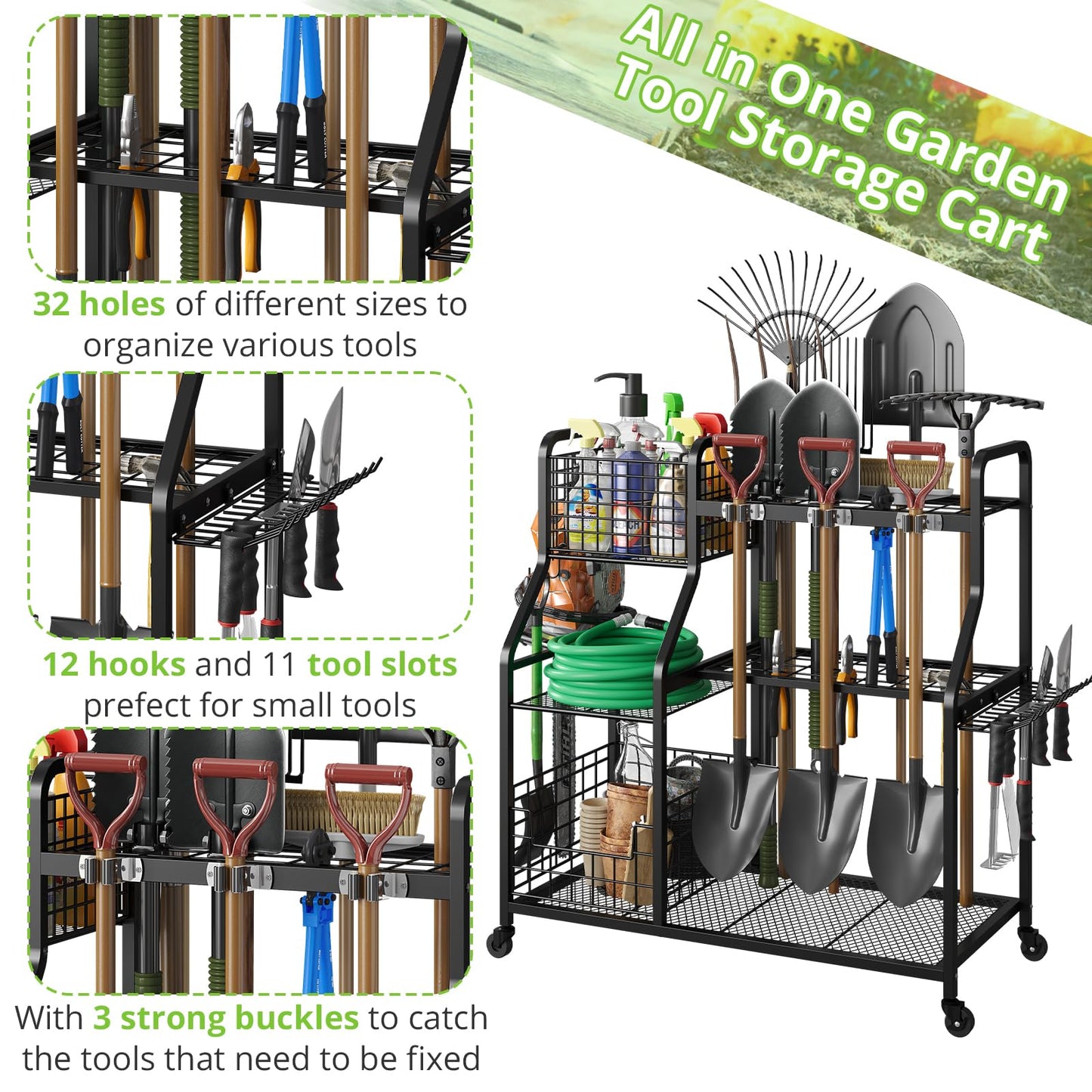 keomaisyto Garden Tool Organizer with Heavy Duty Wheels for Garage - with 2 Baskets, Large Yard Tool Organizer and Storage Holder, Utility Garden Tool Rack for/Shed/Garage/Yard/Basement/Lawn