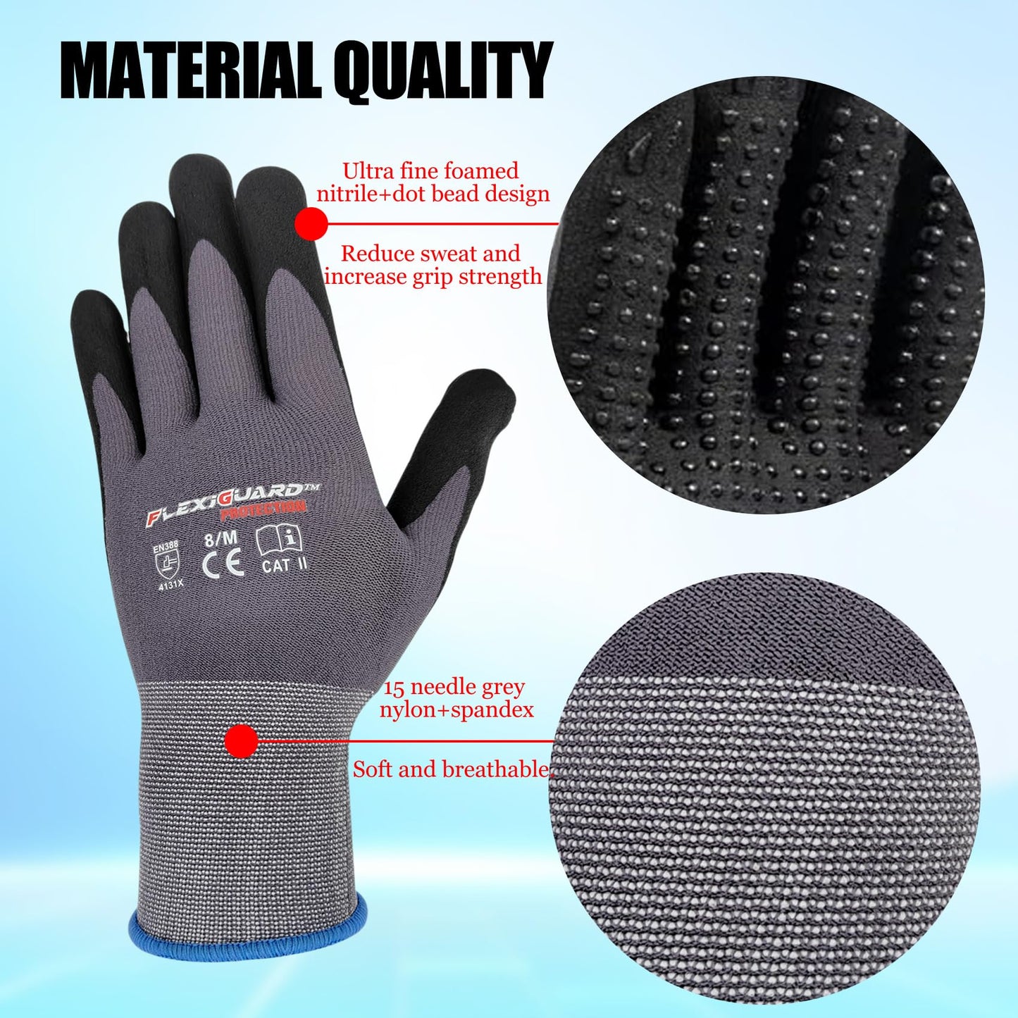 Gasoline Safety Work Gloves Extra Micro-Foam Nitrile Coated-12 Pairs,Endurance Seamless Knit Nylon Spandex,Dots on Palm, Dot Grip Gloves，Work Gloves Men and Women (12, XL)
